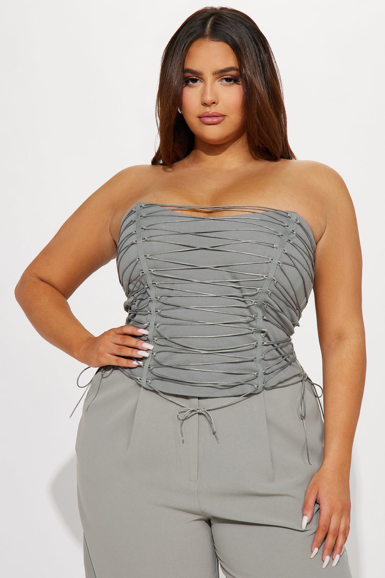 Gray Scoop Neck Back Zipper Strappy Corset Top