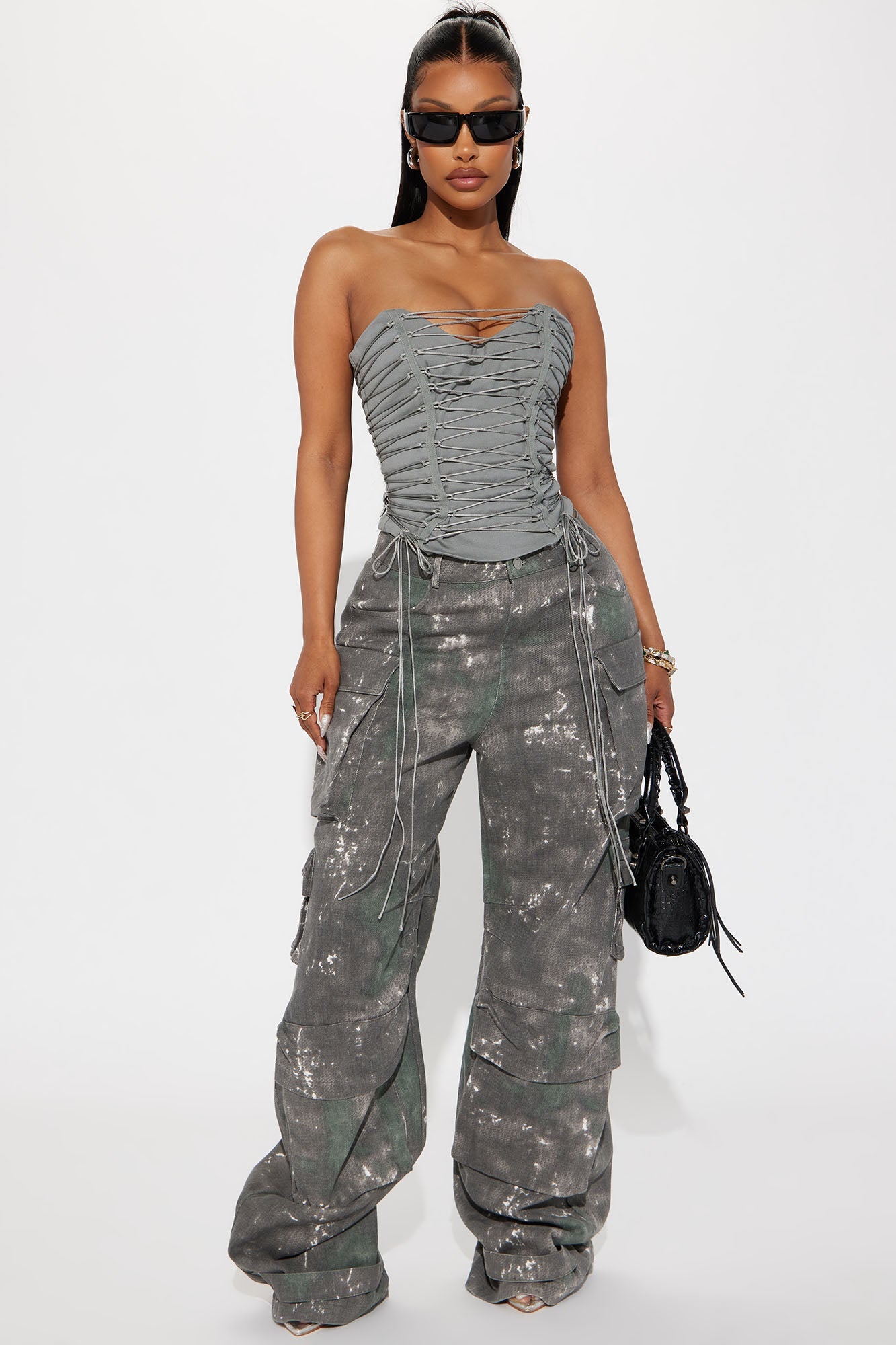 Gray Scoop Neck Back Zipper Strappy Corset Top