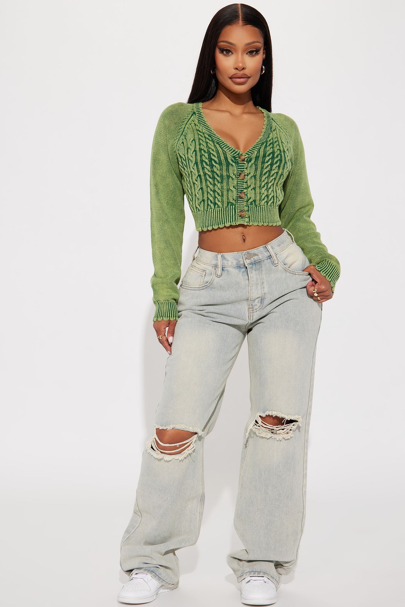 Washed Button Front Cropped Cardigan