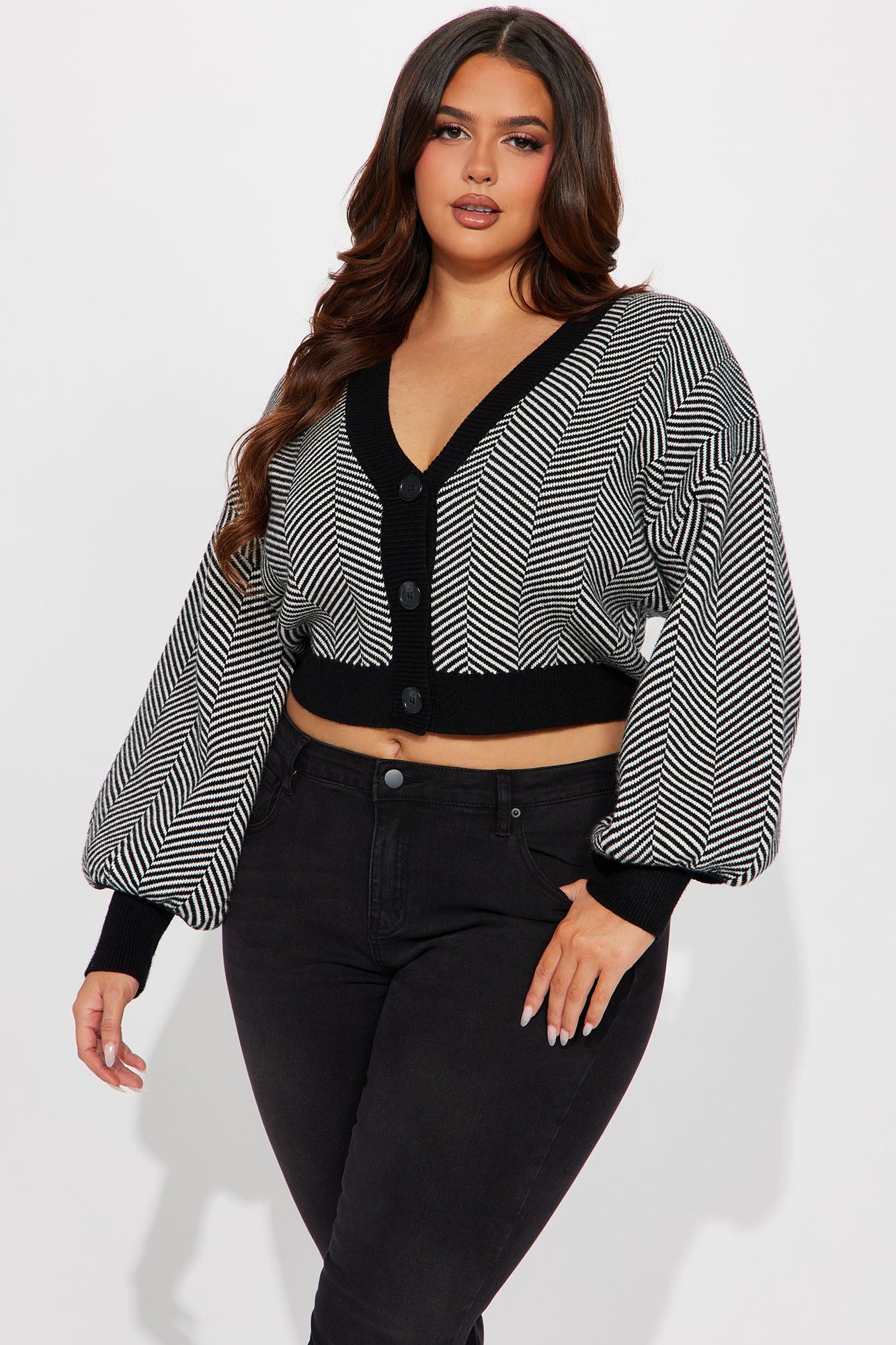 Bubble Sleeve Contrast Trim Stripe Cropped Cardigan