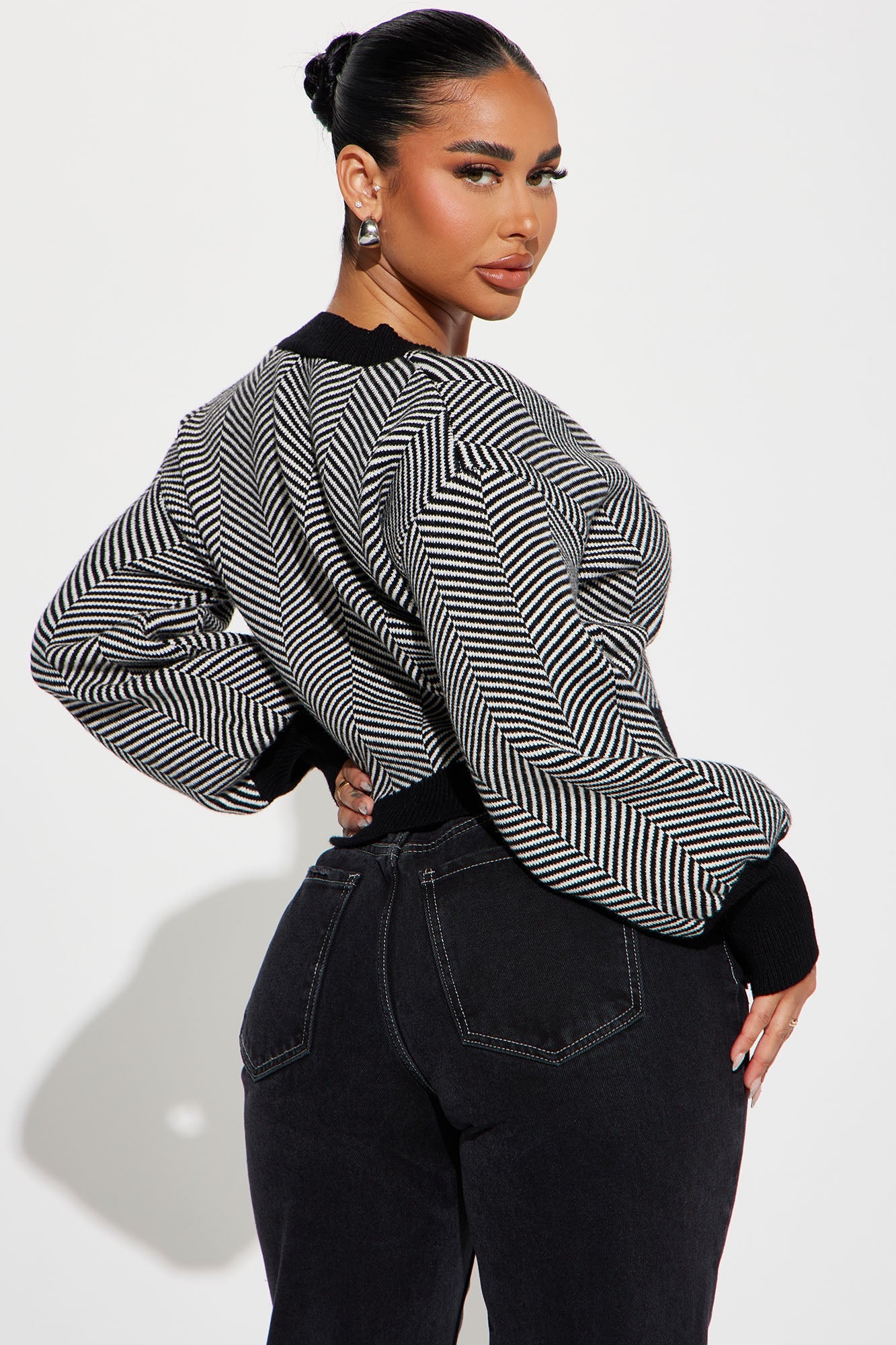 Bubble Sleeve Contrast Trim Stripe Cropped Cardigan