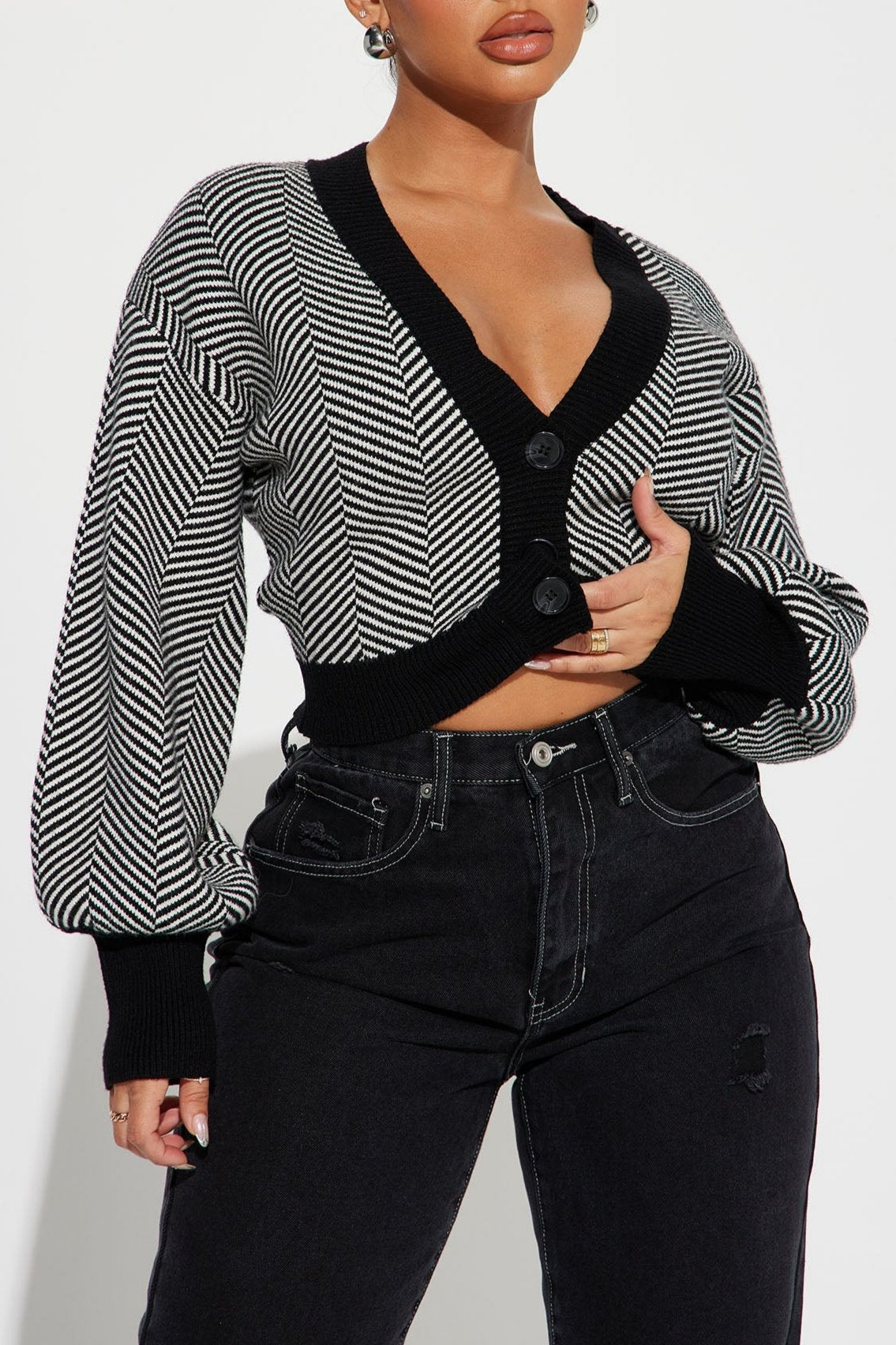 Bubble Sleeve Contrast Trim Stripe Cropped Cardigan