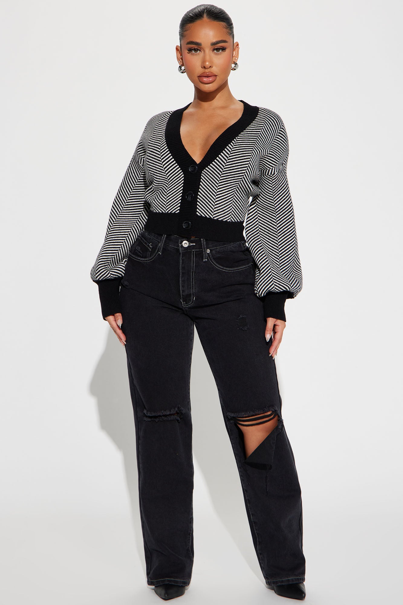 Bubble Sleeve Contrast Trim Stripe Cropped Cardigan