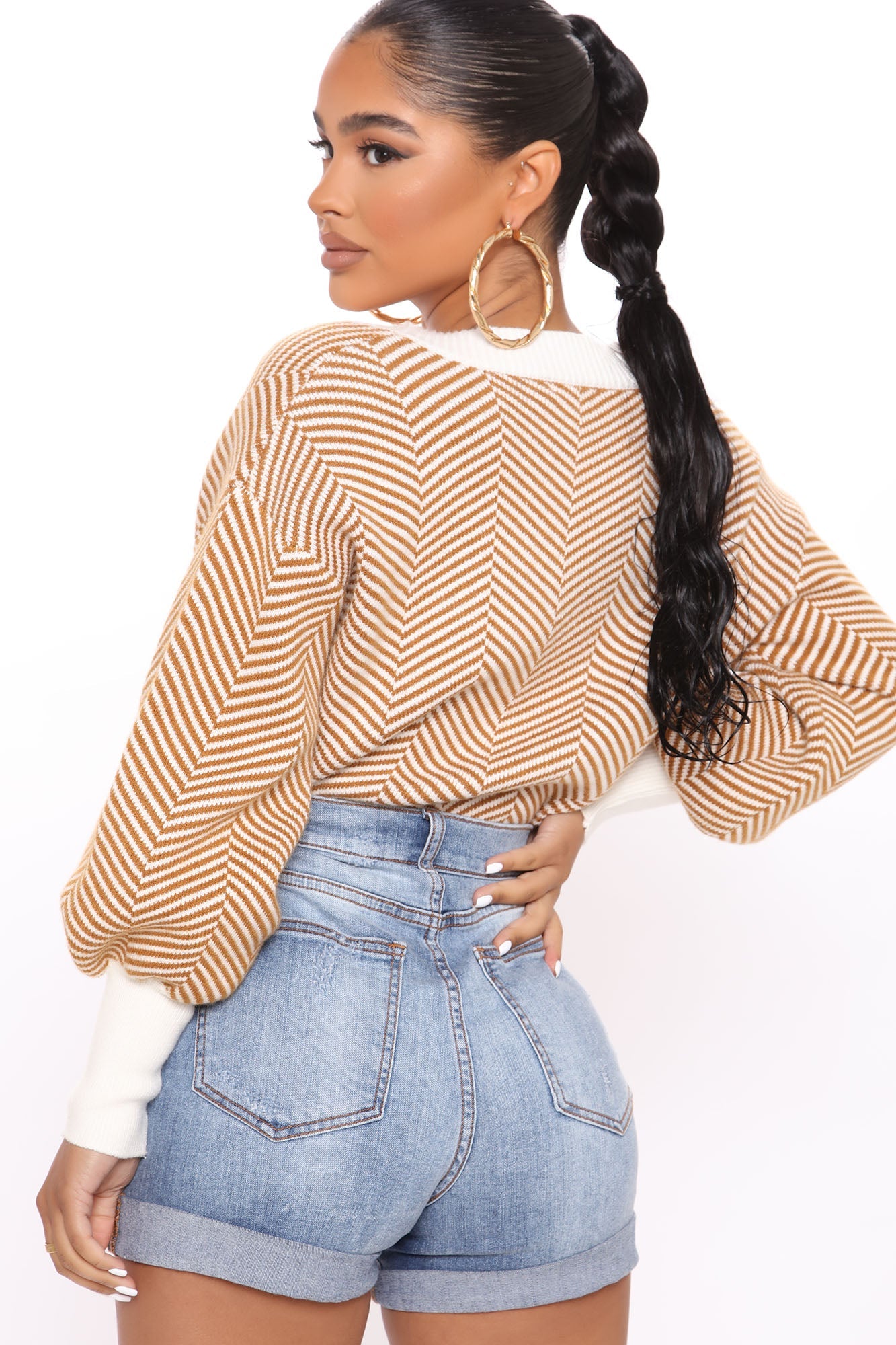 Bubble Sleeve Contrast Trim Stripe Cropped Cardigan