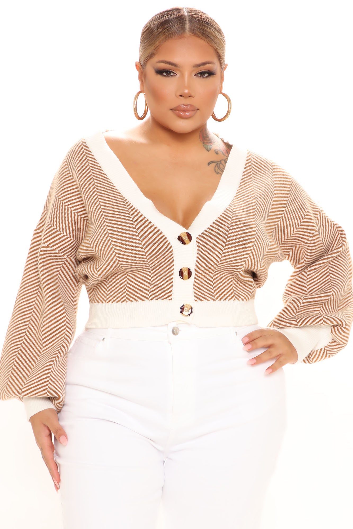 Bubble Sleeve Contrast Trim Stripe Cropped Cardigan