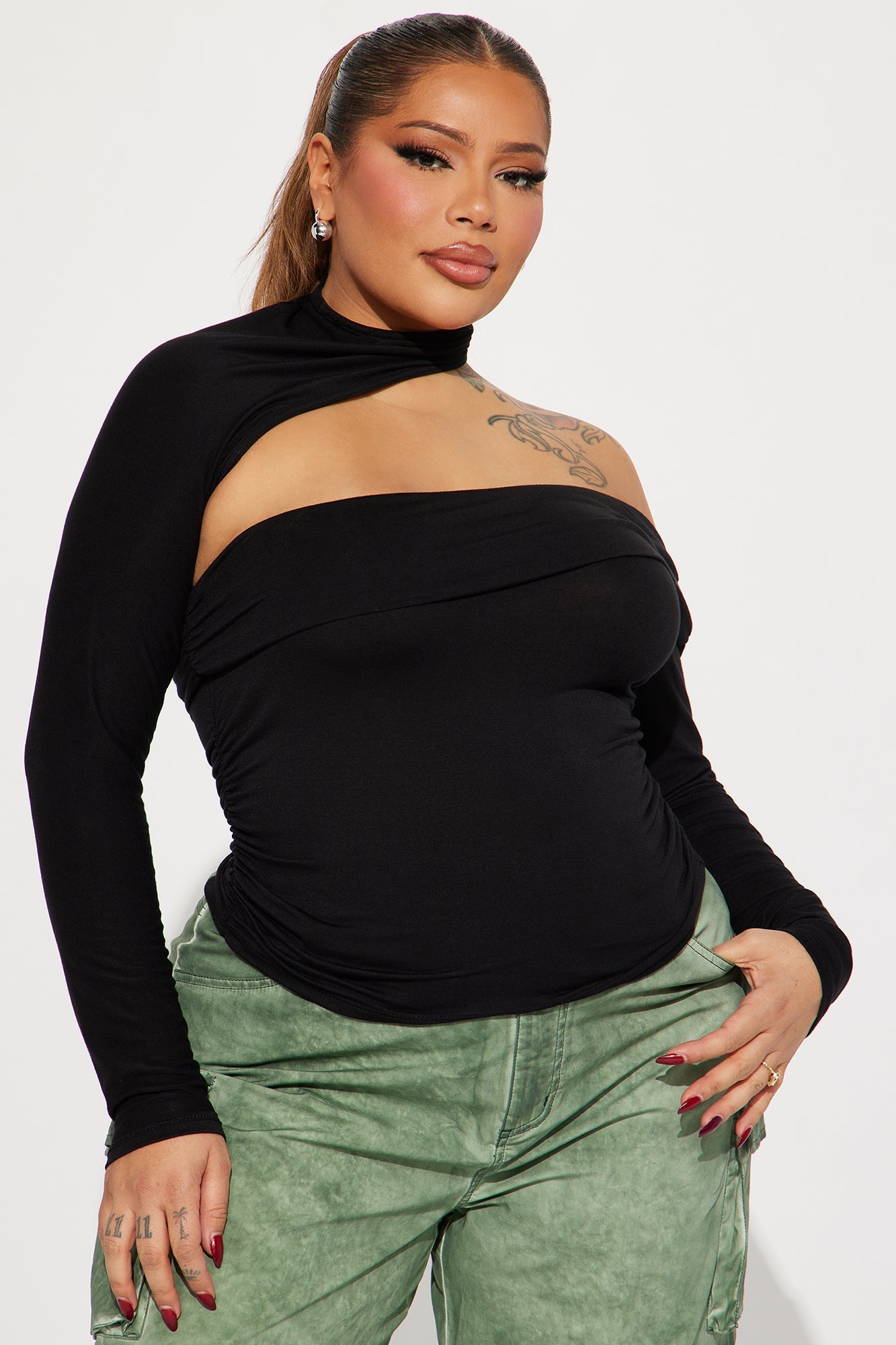 Solid Color One Shoulder Long Sleeve Top