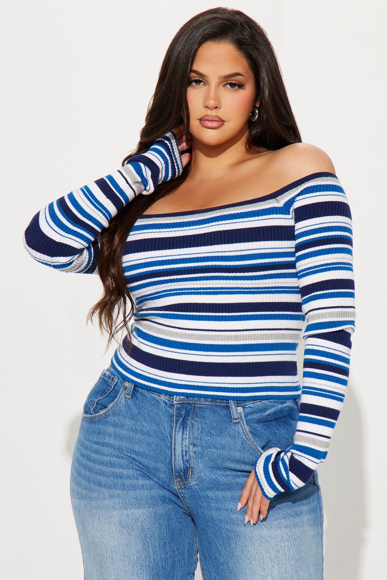 Off Shoulder Striped Croped Sweater