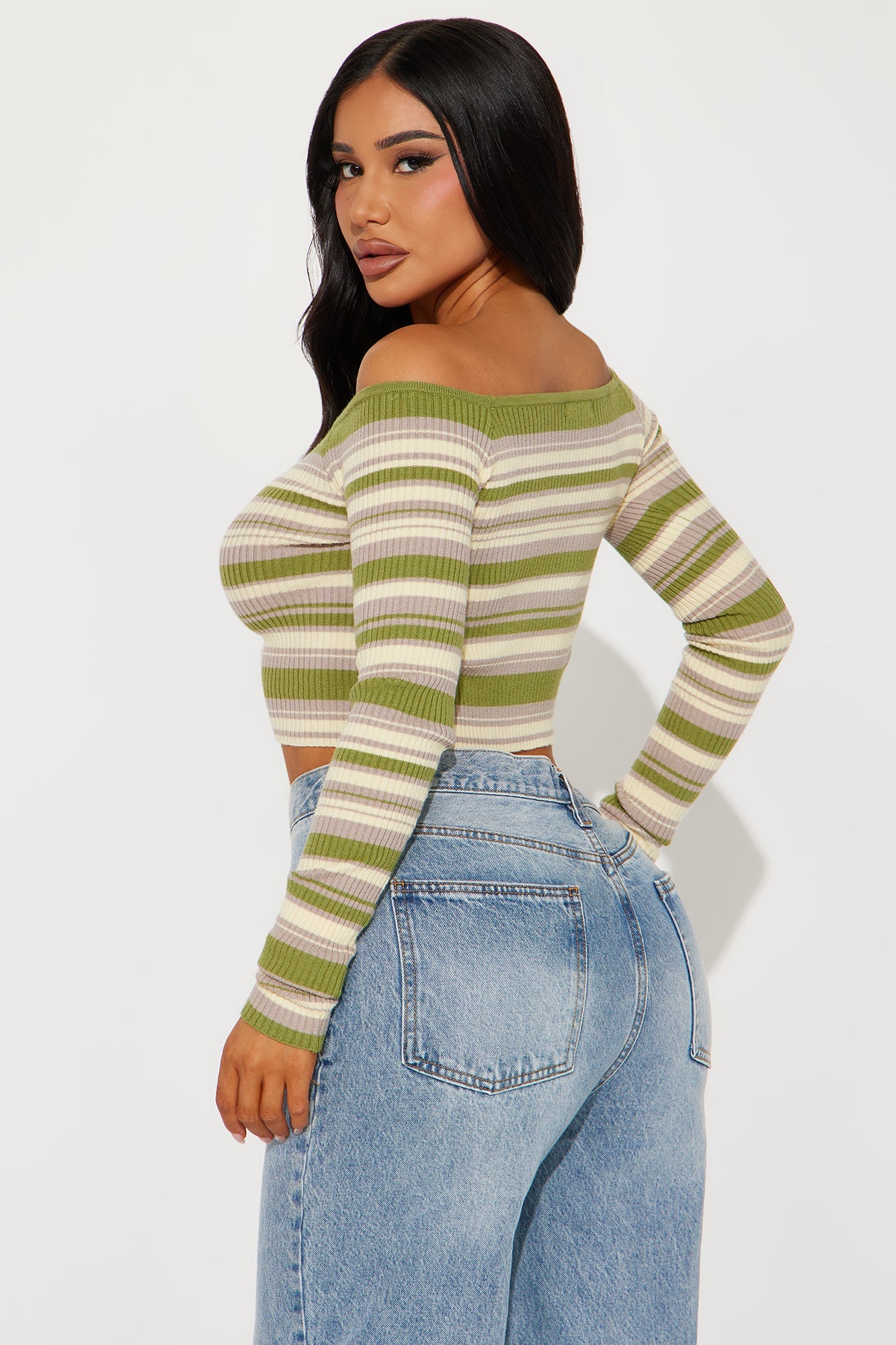 Off Shoulder Striped Croped Sweater