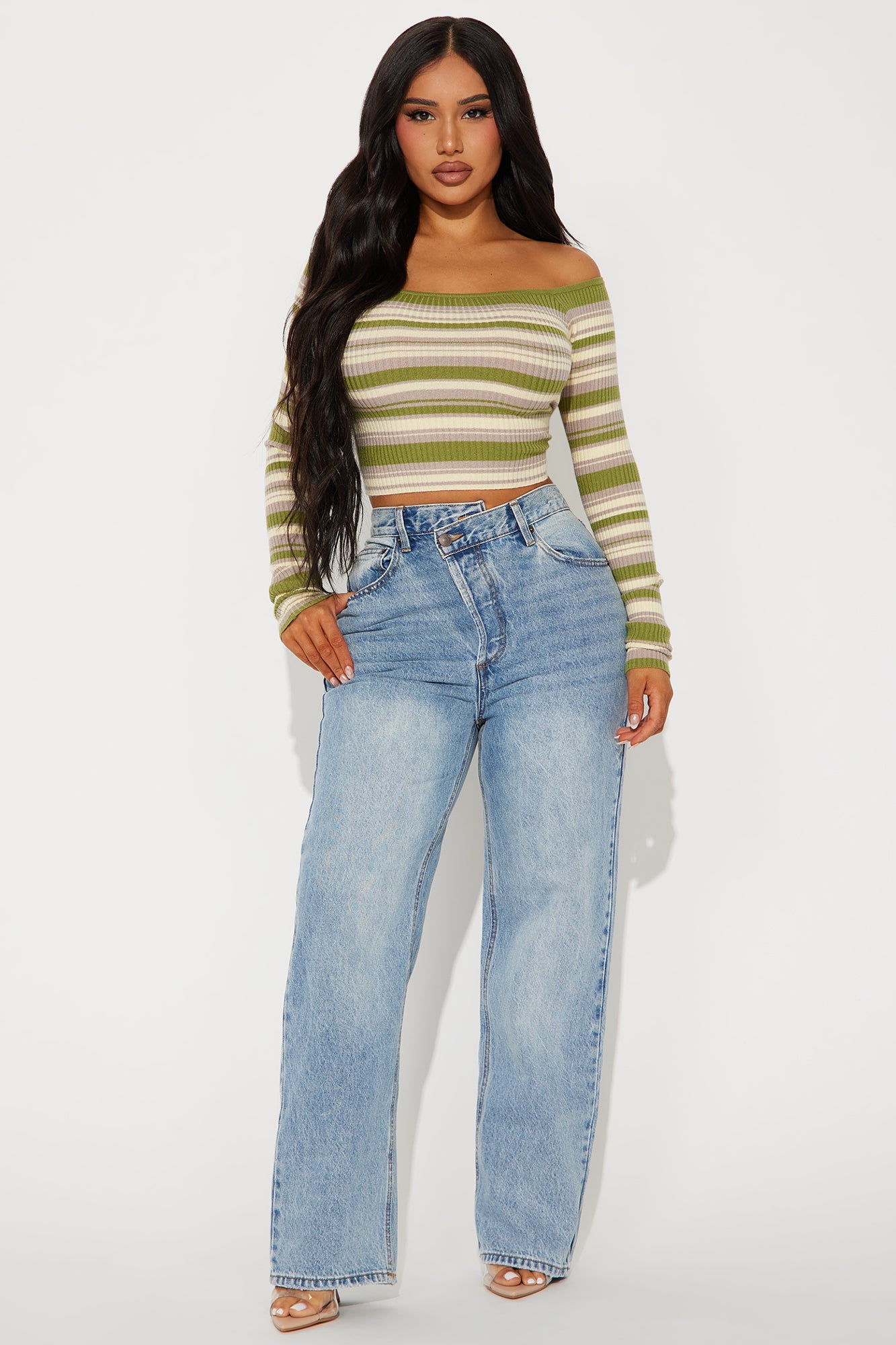 Off Shoulder Striped Croped Sweater