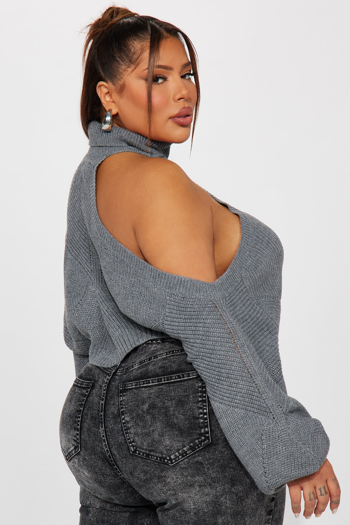 Balloon Sleeve Cold Shoulder Sweater