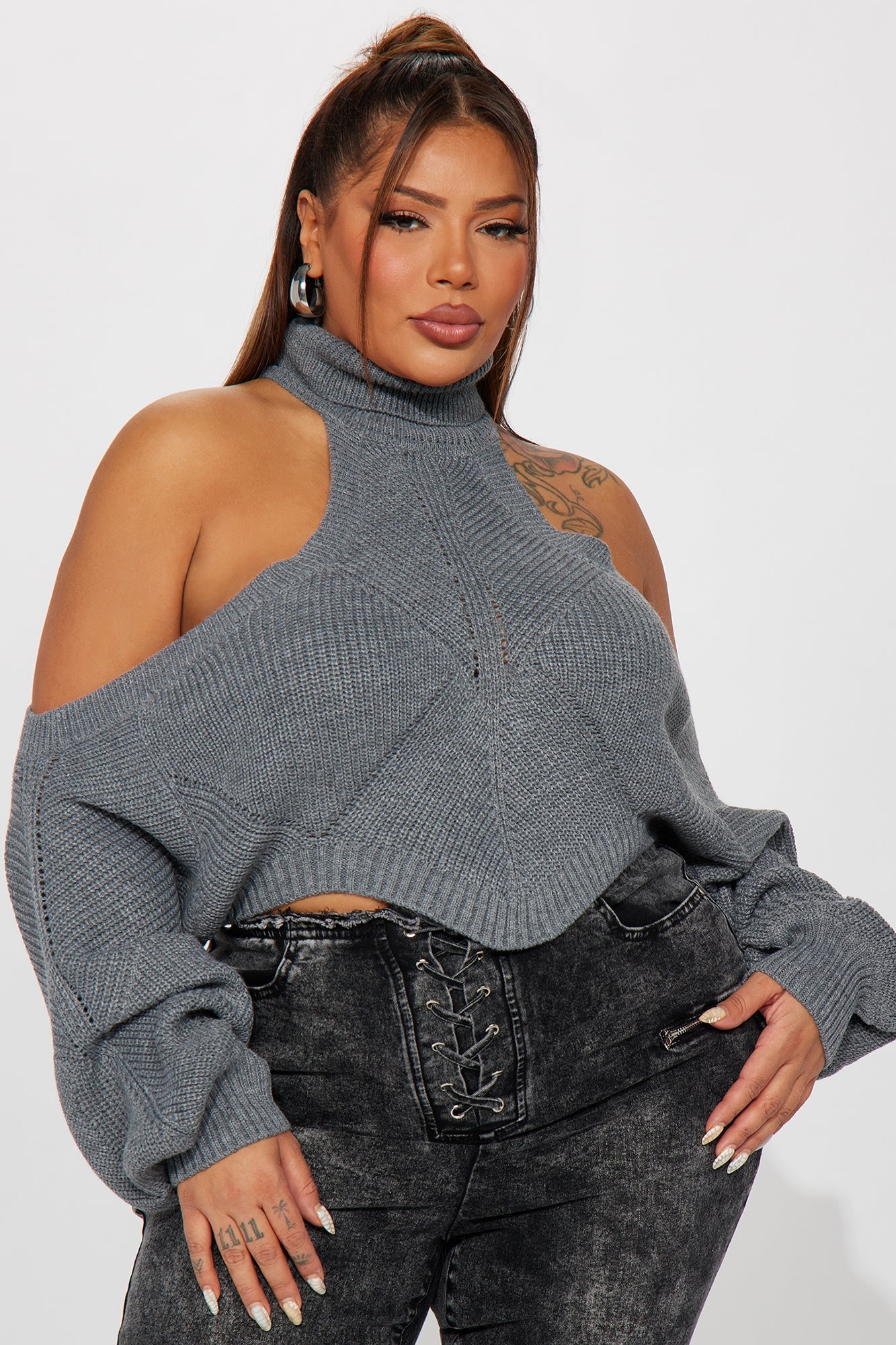 Balloon Sleeve Cold Shoulder Sweater