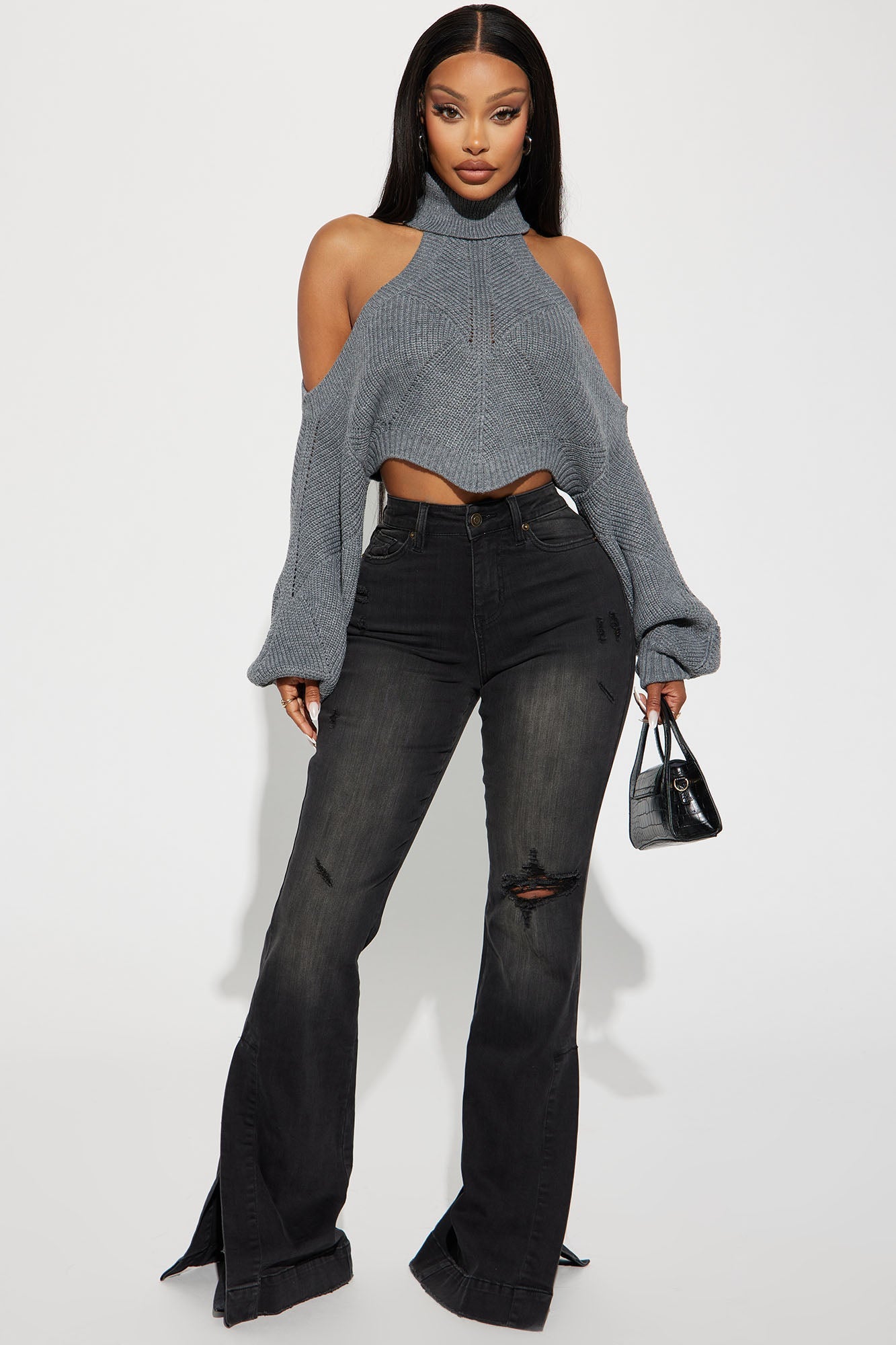 Balloon Sleeve Cold Shoulder Sweater