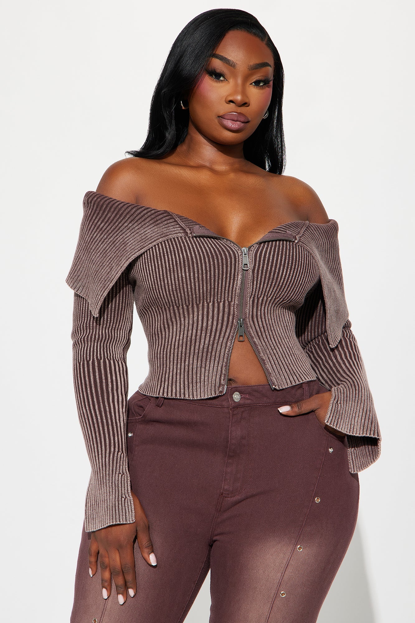 Washed Off Shoulder Cropped Cardigan