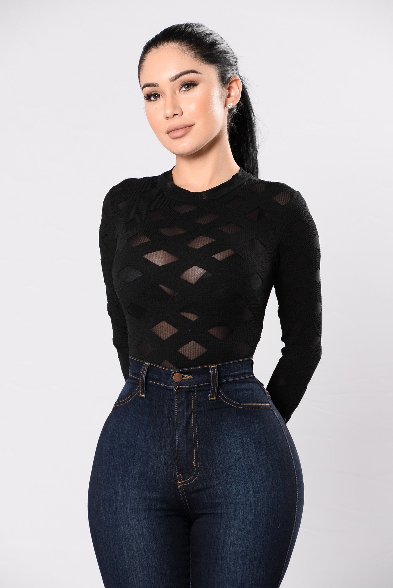 Mock Neck Mesh Diamond Holes Bodysuit