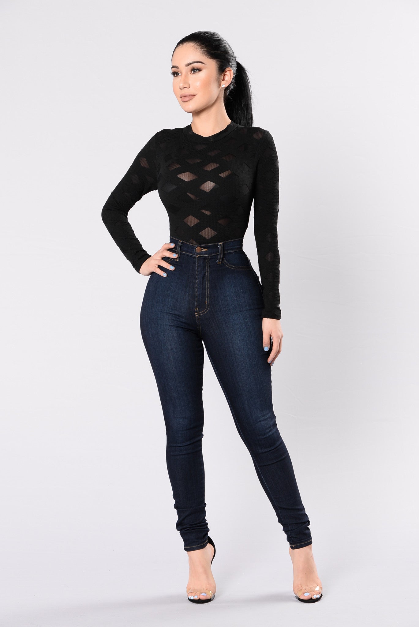 Mock Neck Mesh Diamond Holes Bodysuit