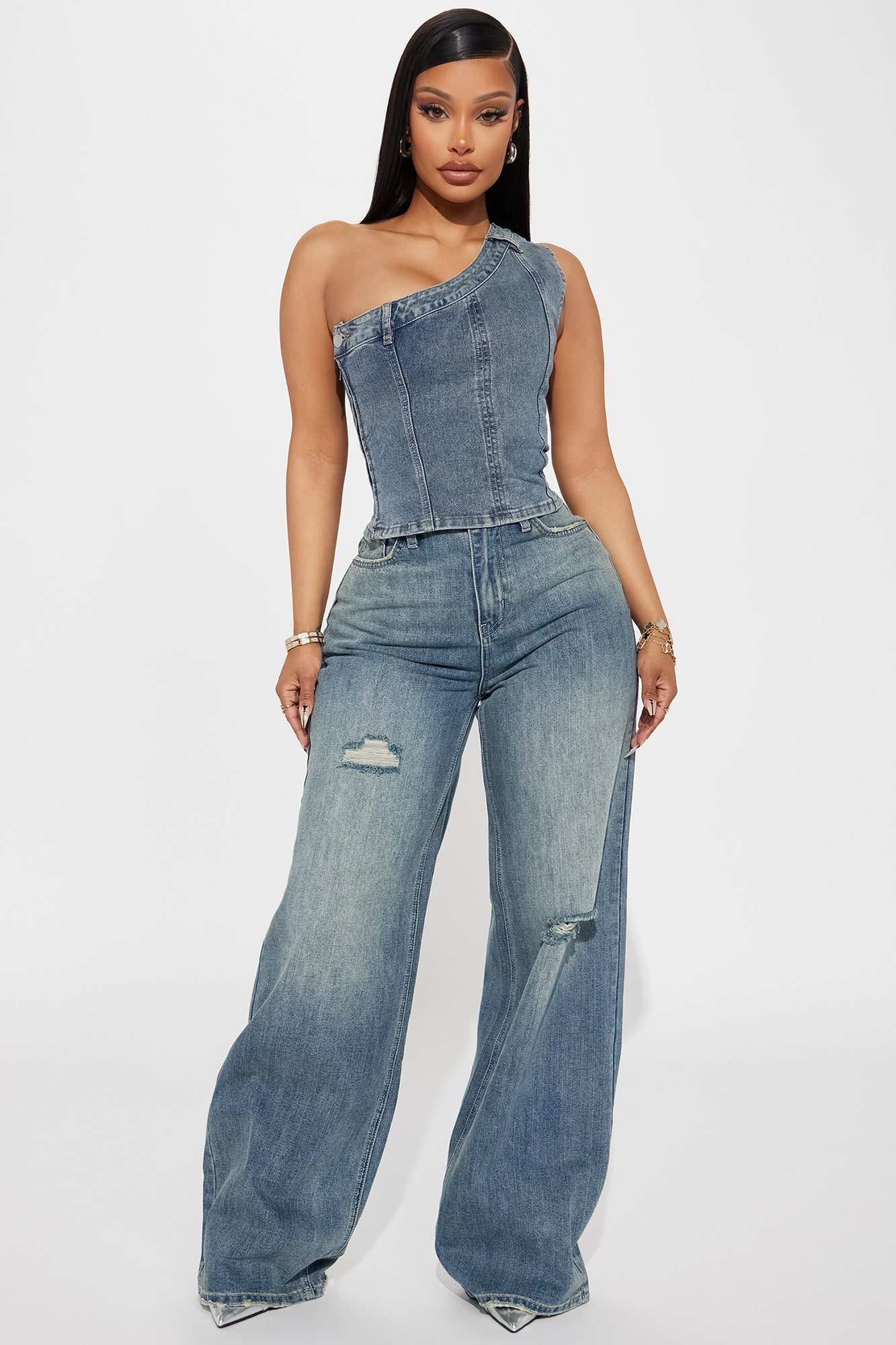 One Shoulder Button Zipper Denim Top