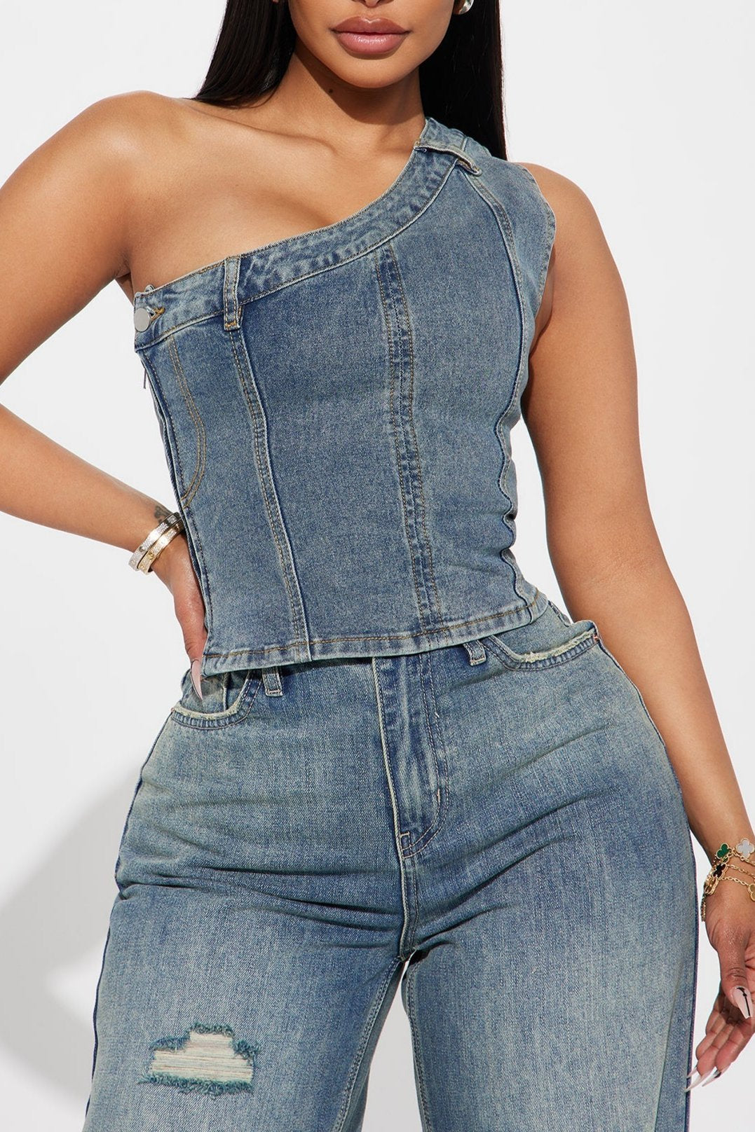 One Shoulder Button Zipper Denim Top