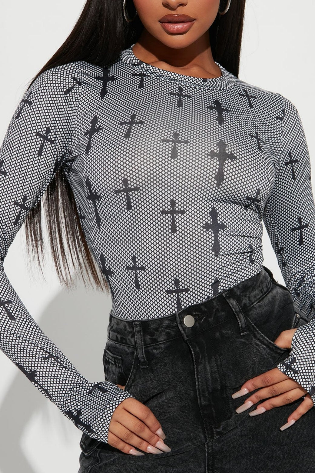 Cross Print Round Neck Thumbhole Bodysuit