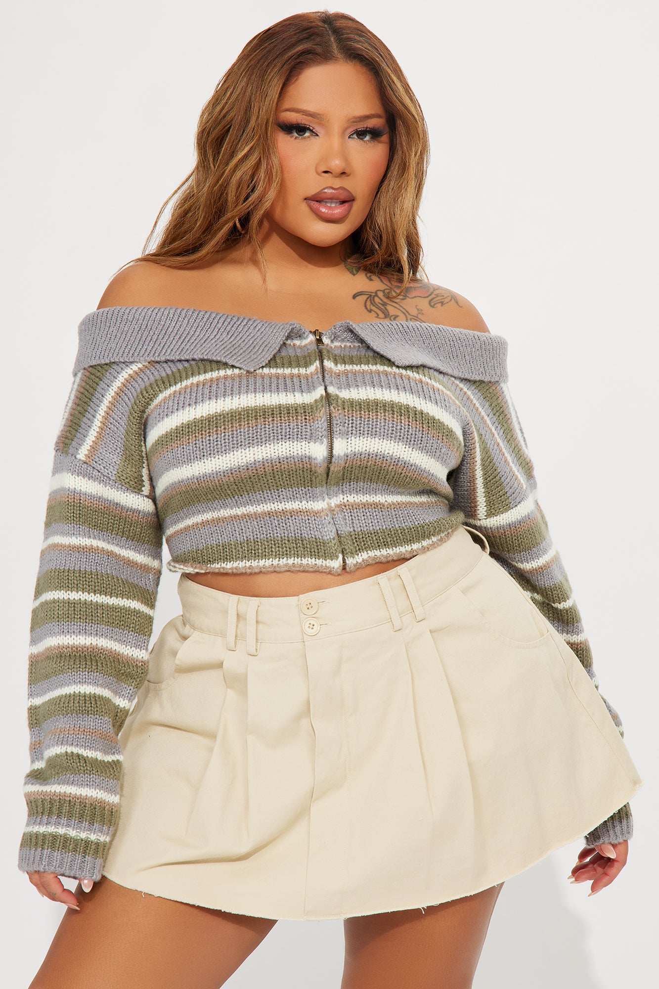 Off Shoulder Striped Cropped Cardigan