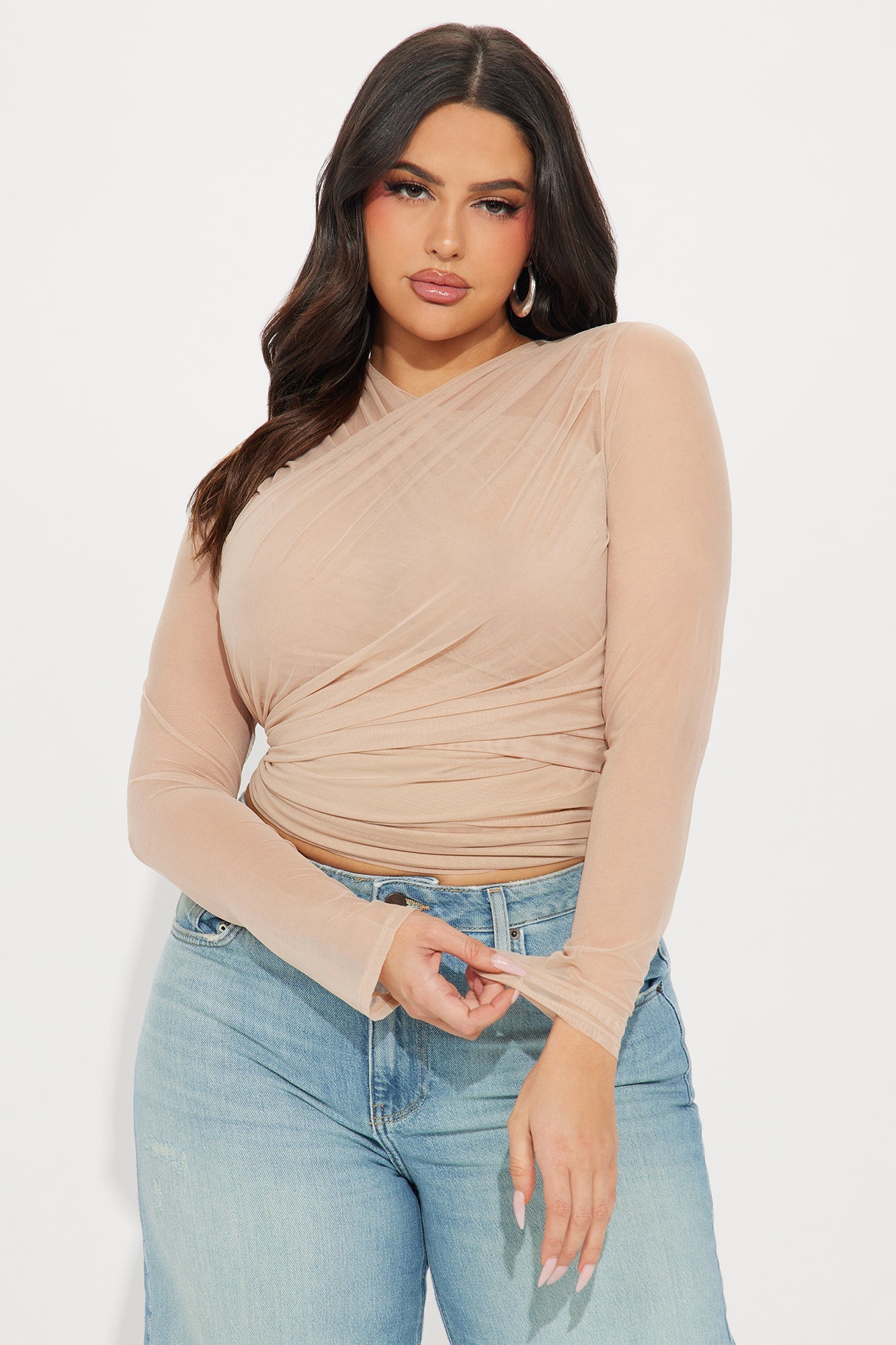 Mesh Ruched Long Sleeve Top