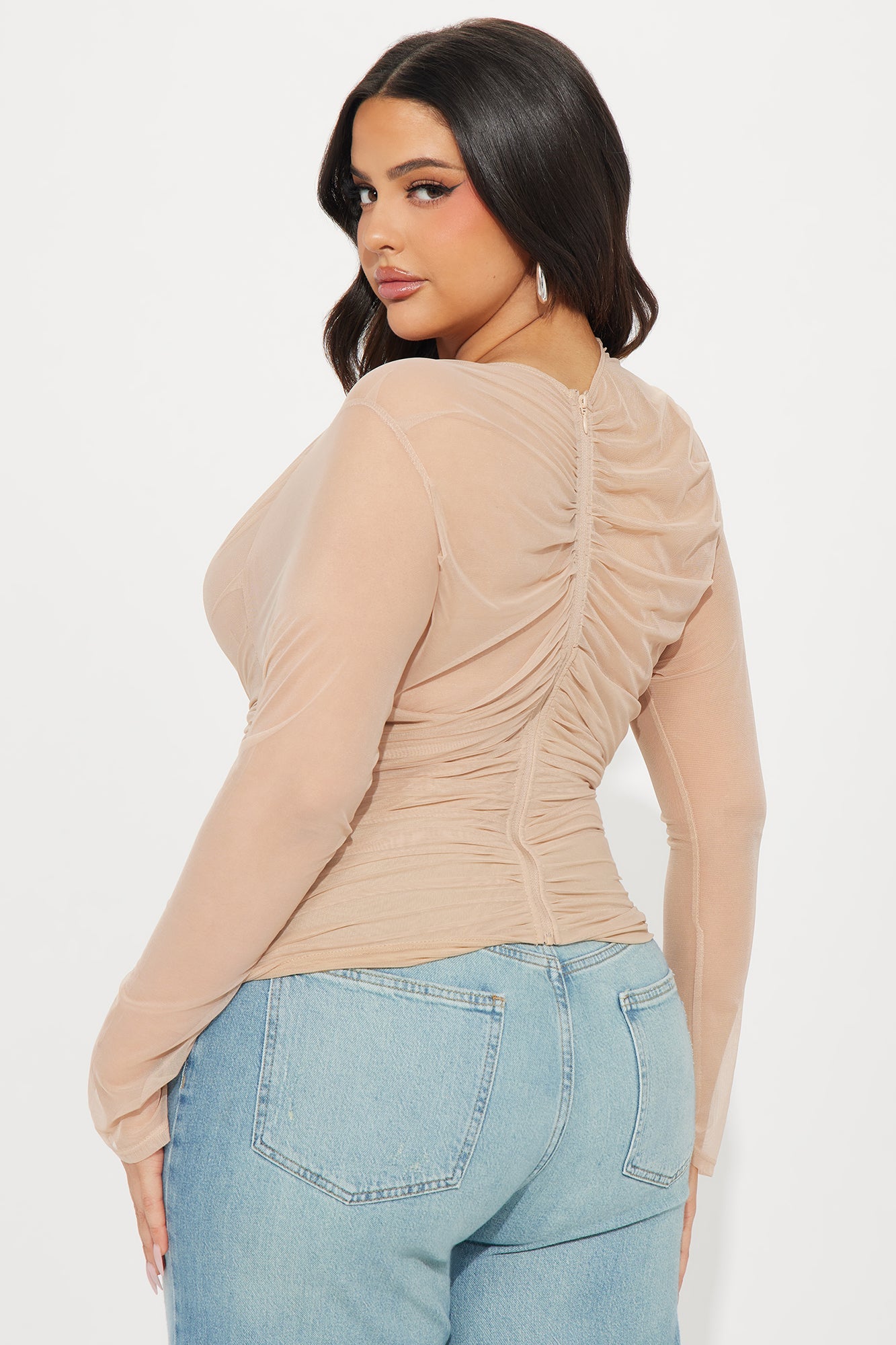 Mesh Ruched Long Sleeve Top