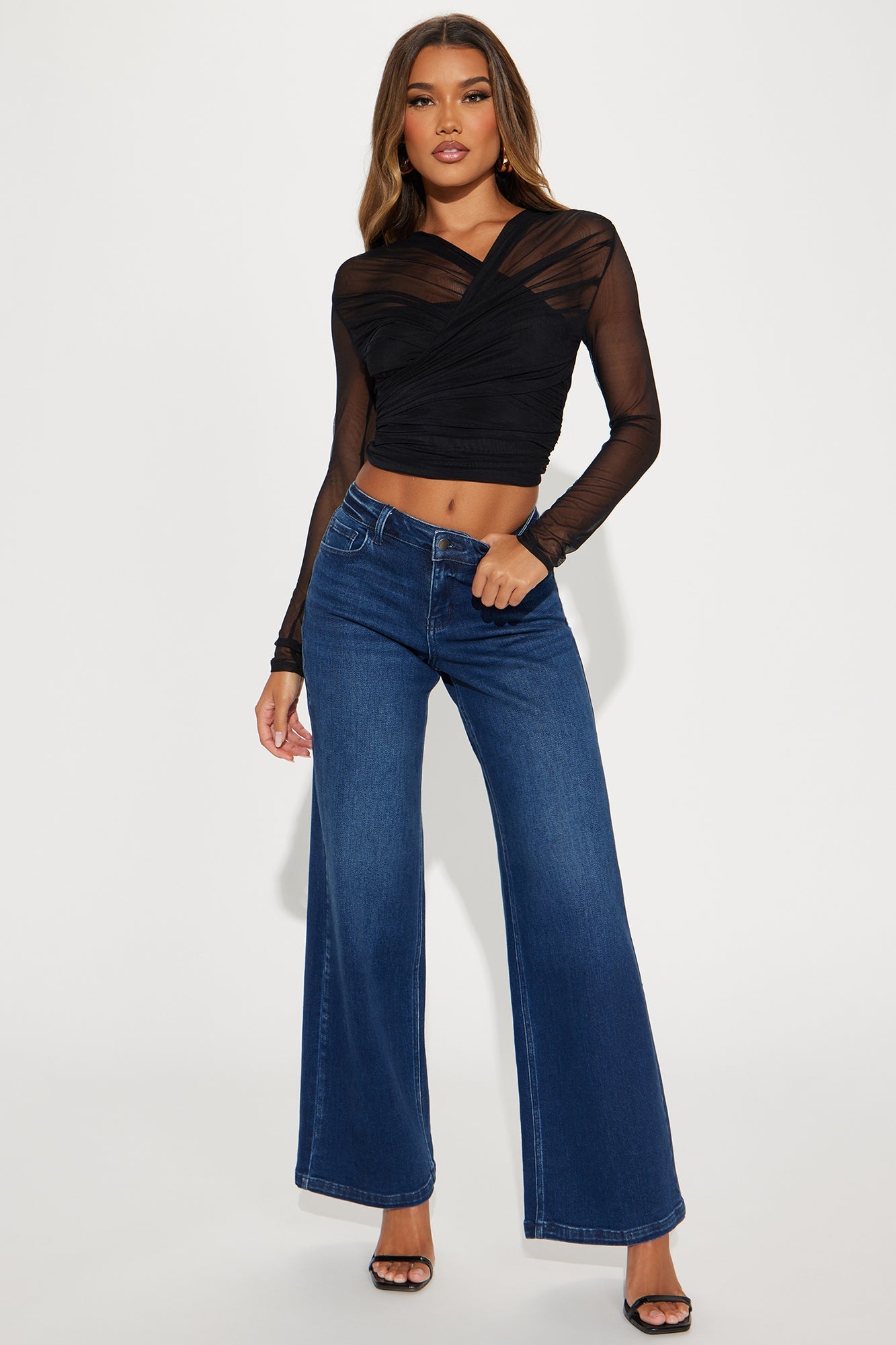 Mesh Ruched Long Sleeve Top