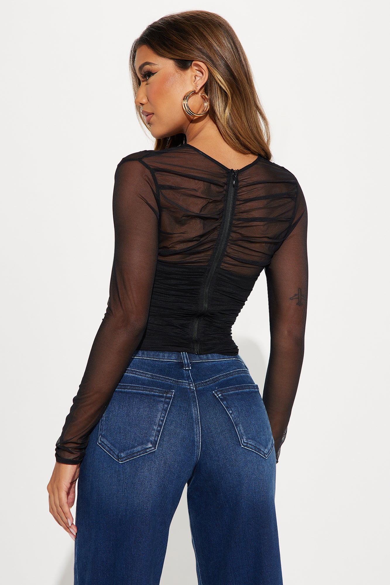 Mesh Ruched Long Sleeve Top