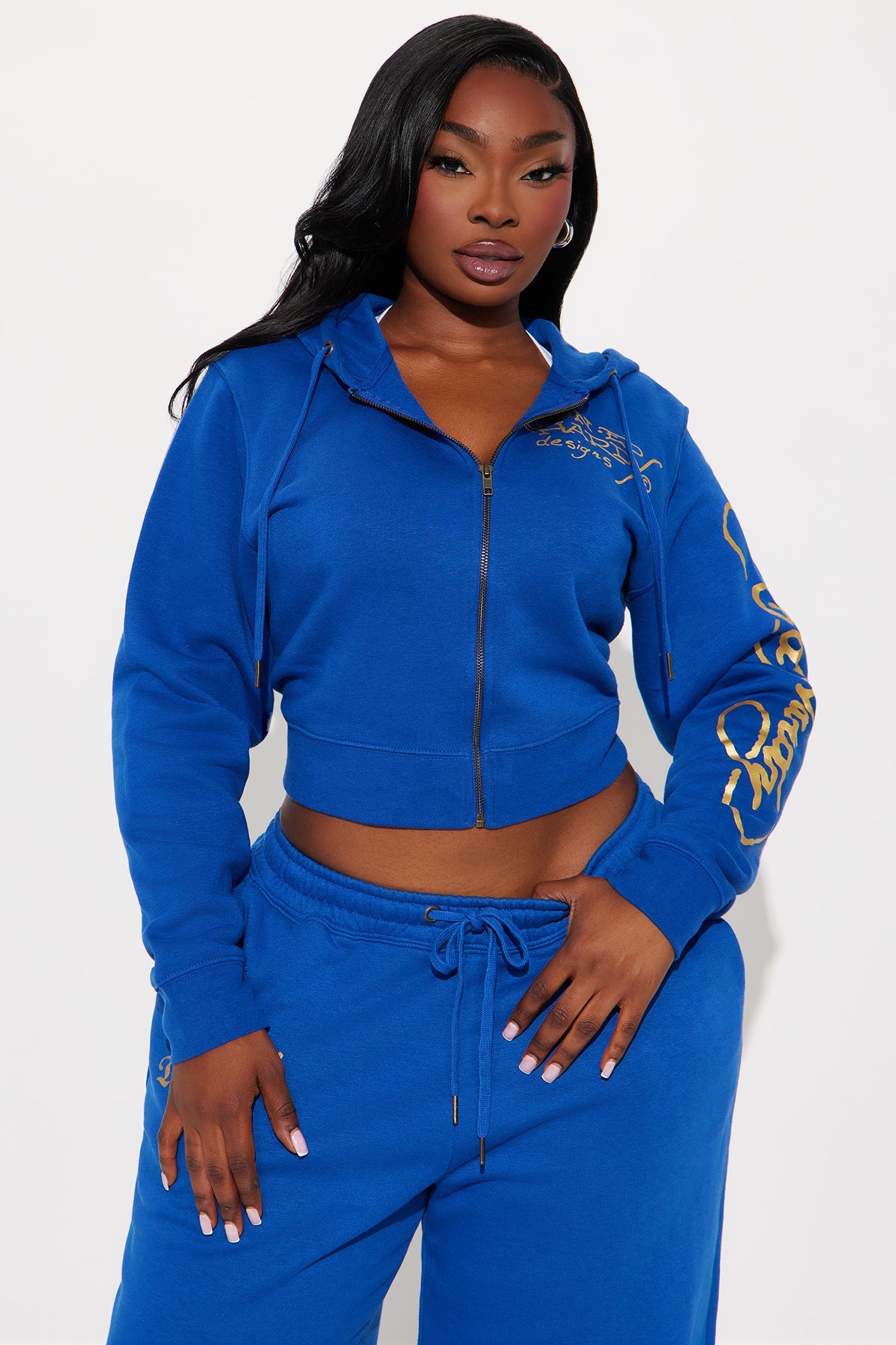 Drawstrings Zip Front Full Length Hoodie Set