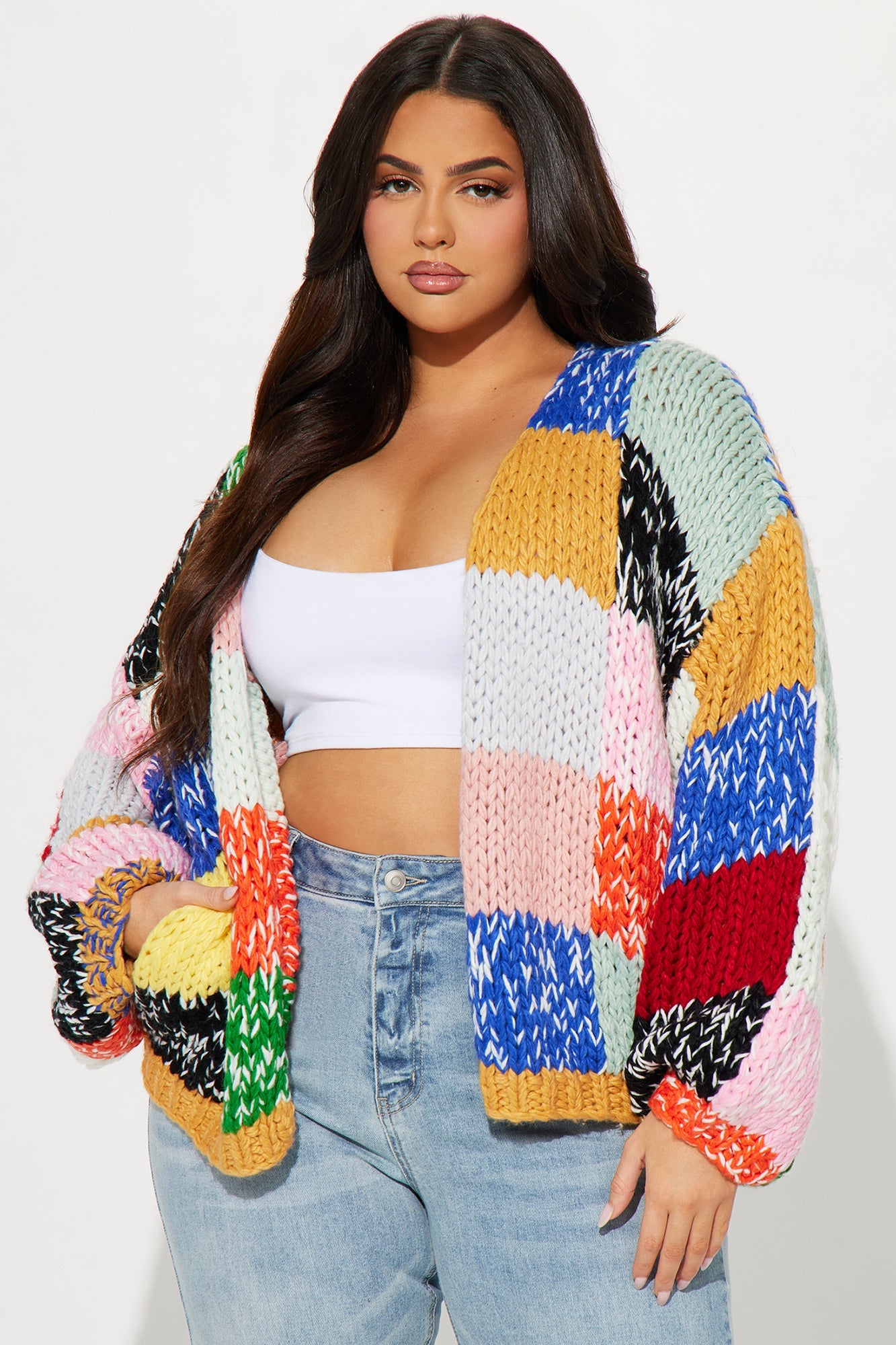 Multi Color Open Front Knit Cardigan