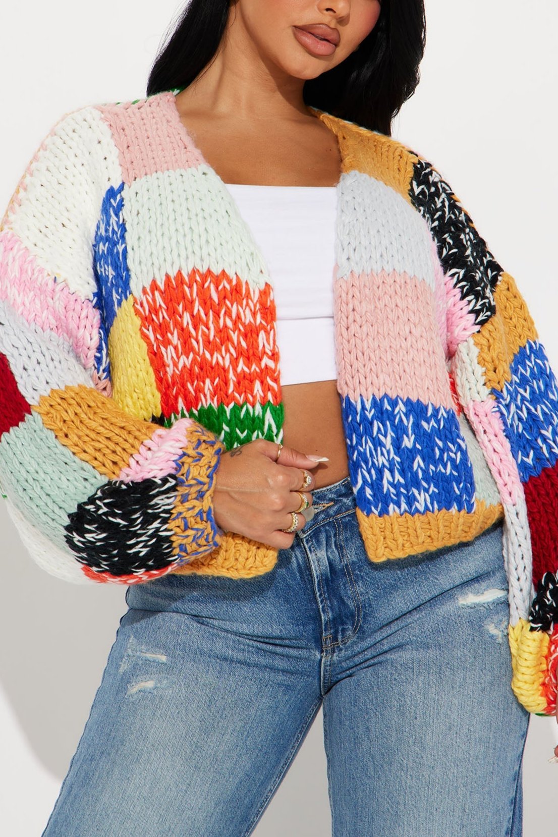 Multi Color Open Front Knit Cardigan