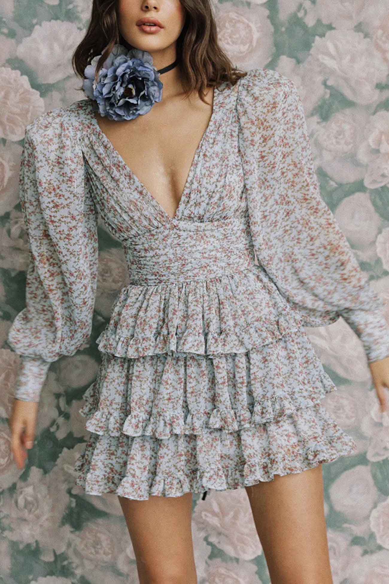 Floral Printed V Neck Backless Tiered Dress