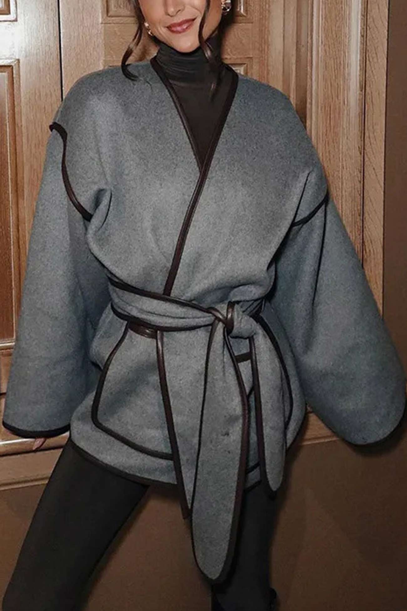 Grey Pocket Belt Blanket Coat