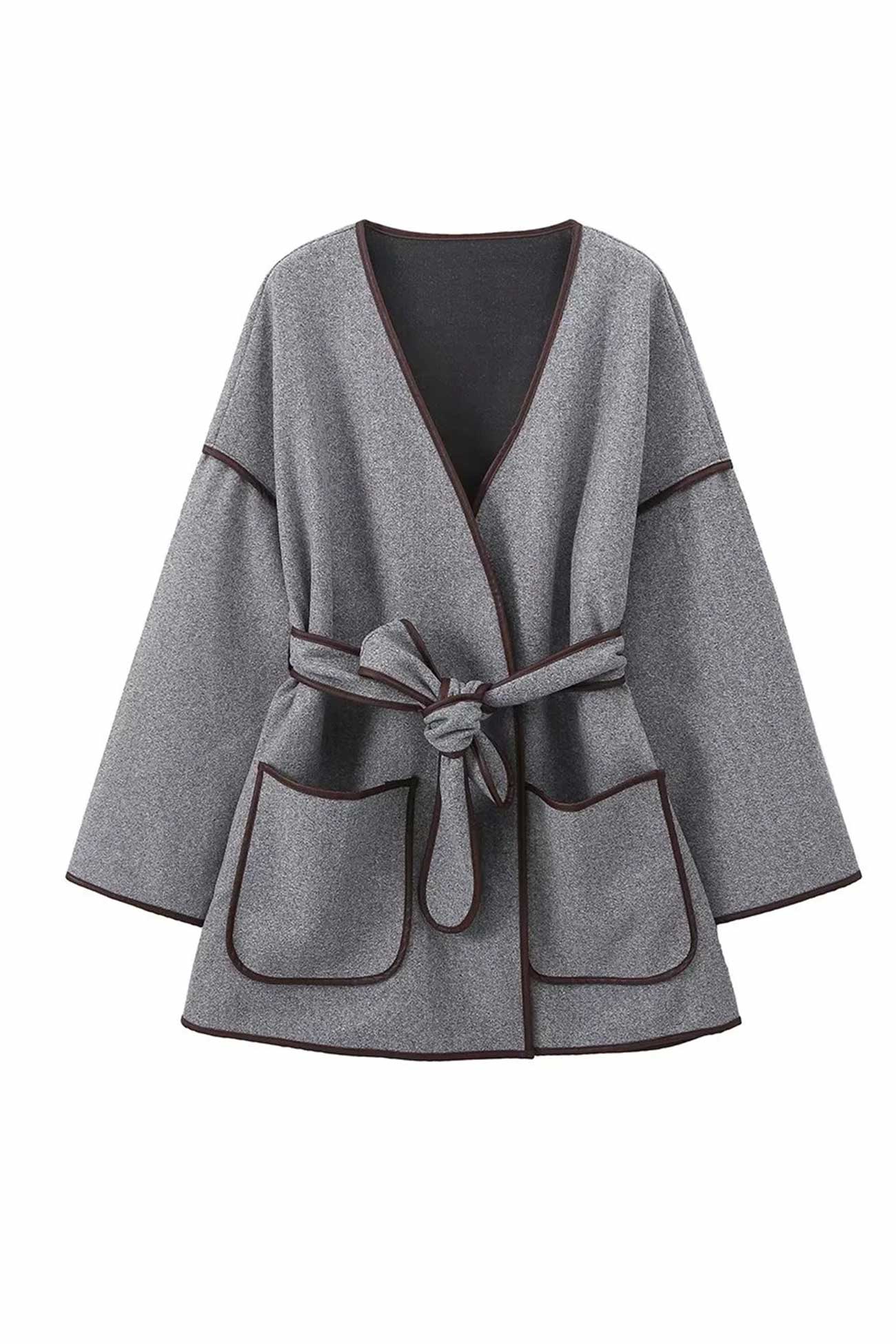 Grey Pocket Belt Blanket Coat