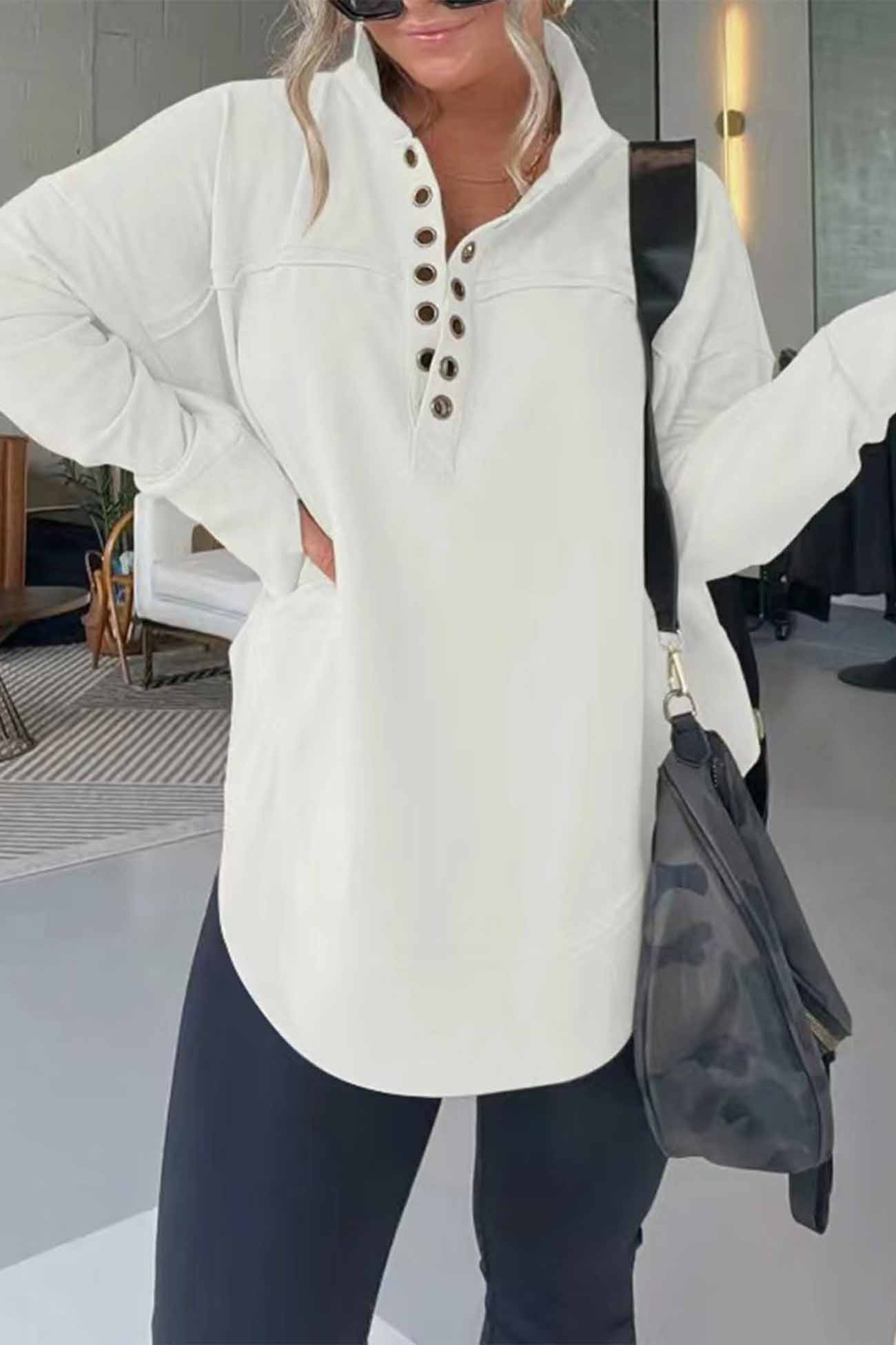 Solid Button Up Long Sleeve Sweatshirt