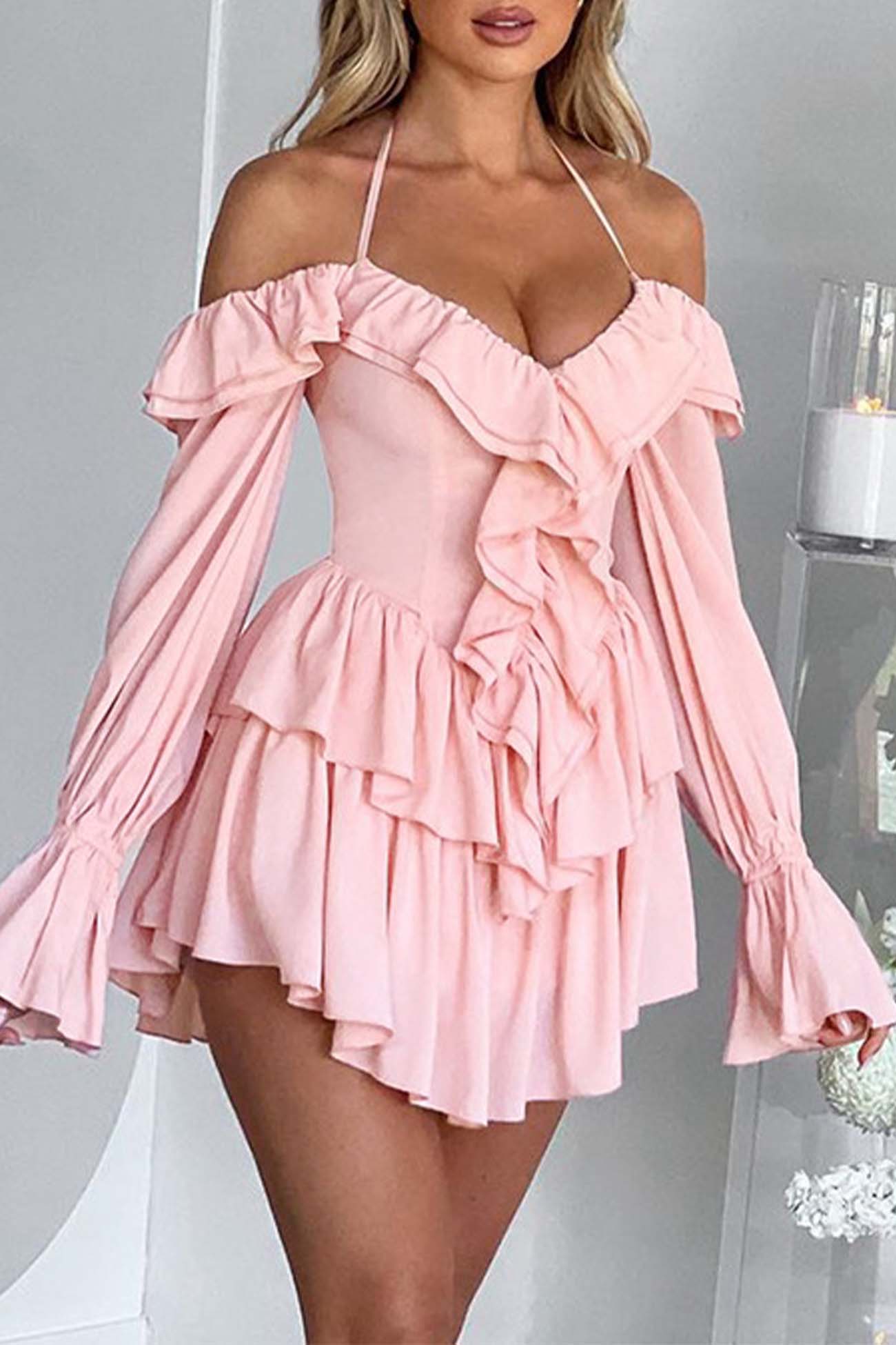 Halter Off-The-Shoulder Ruffled Mini Dress