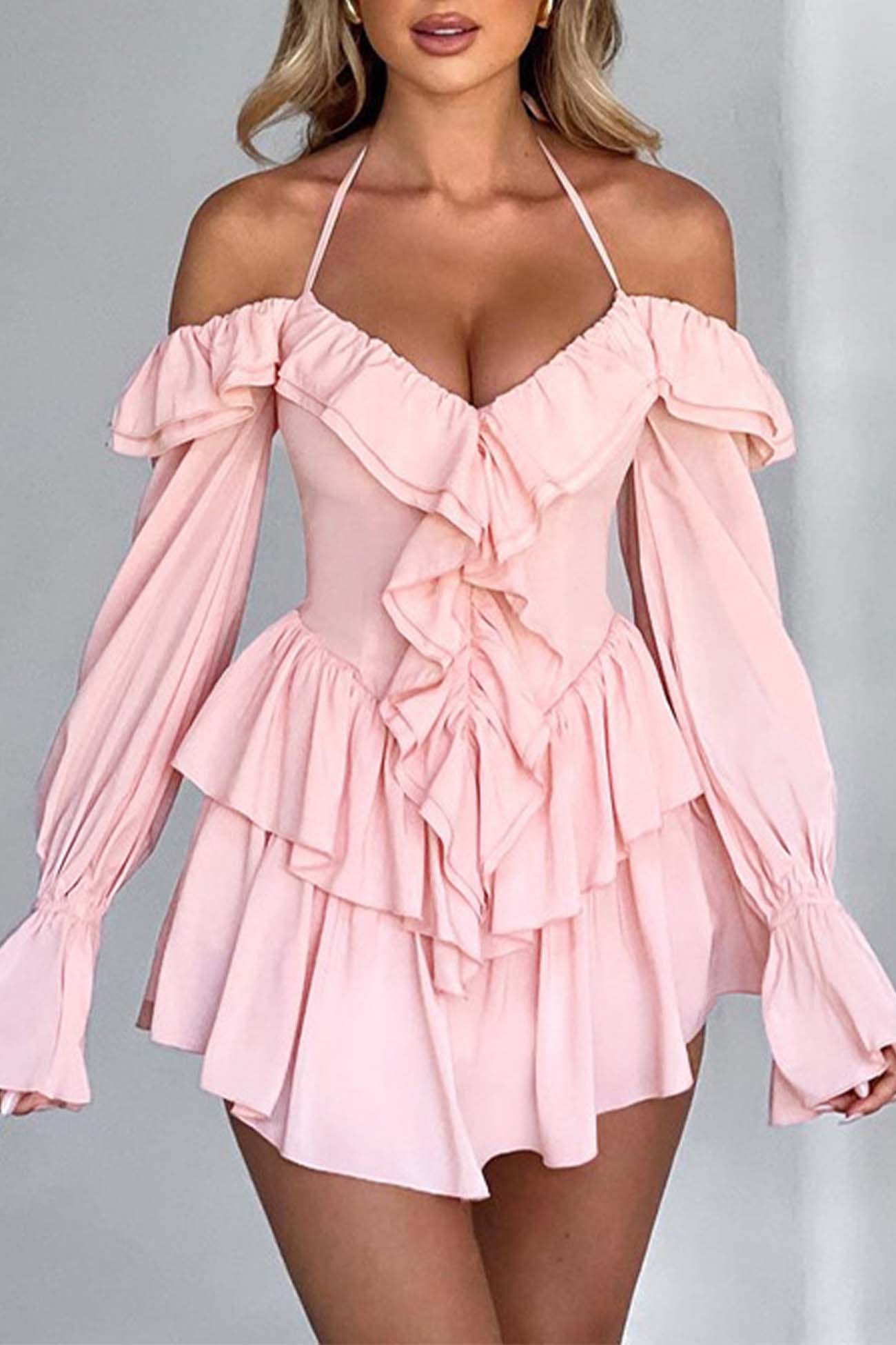 Halter Off-The-Shoulder Ruffled Mini Dress