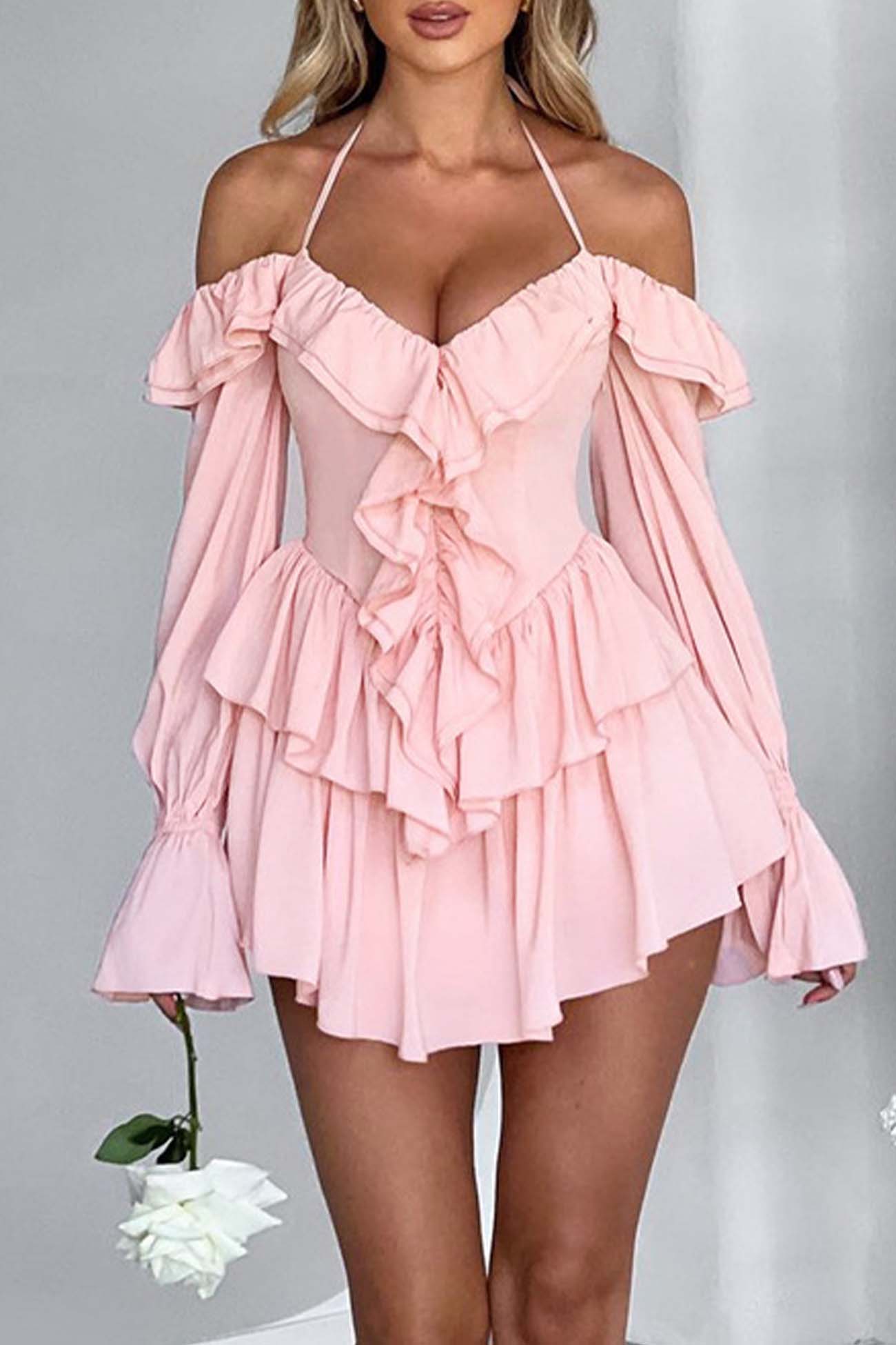 Halter Off-The-Shoulder Ruffled Mini Dress