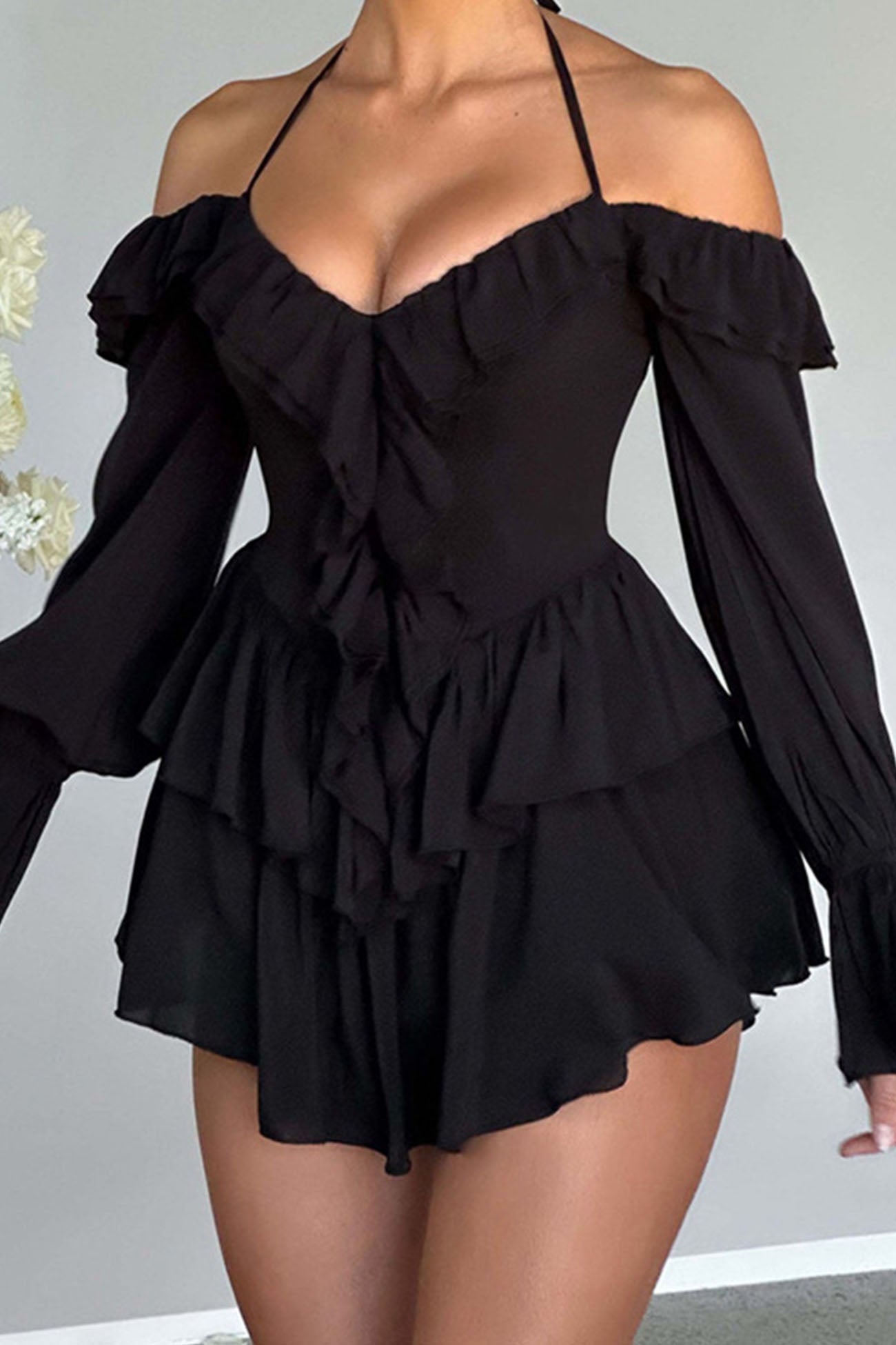 Halter Off-The-Shoulder Ruffled Mini Dress