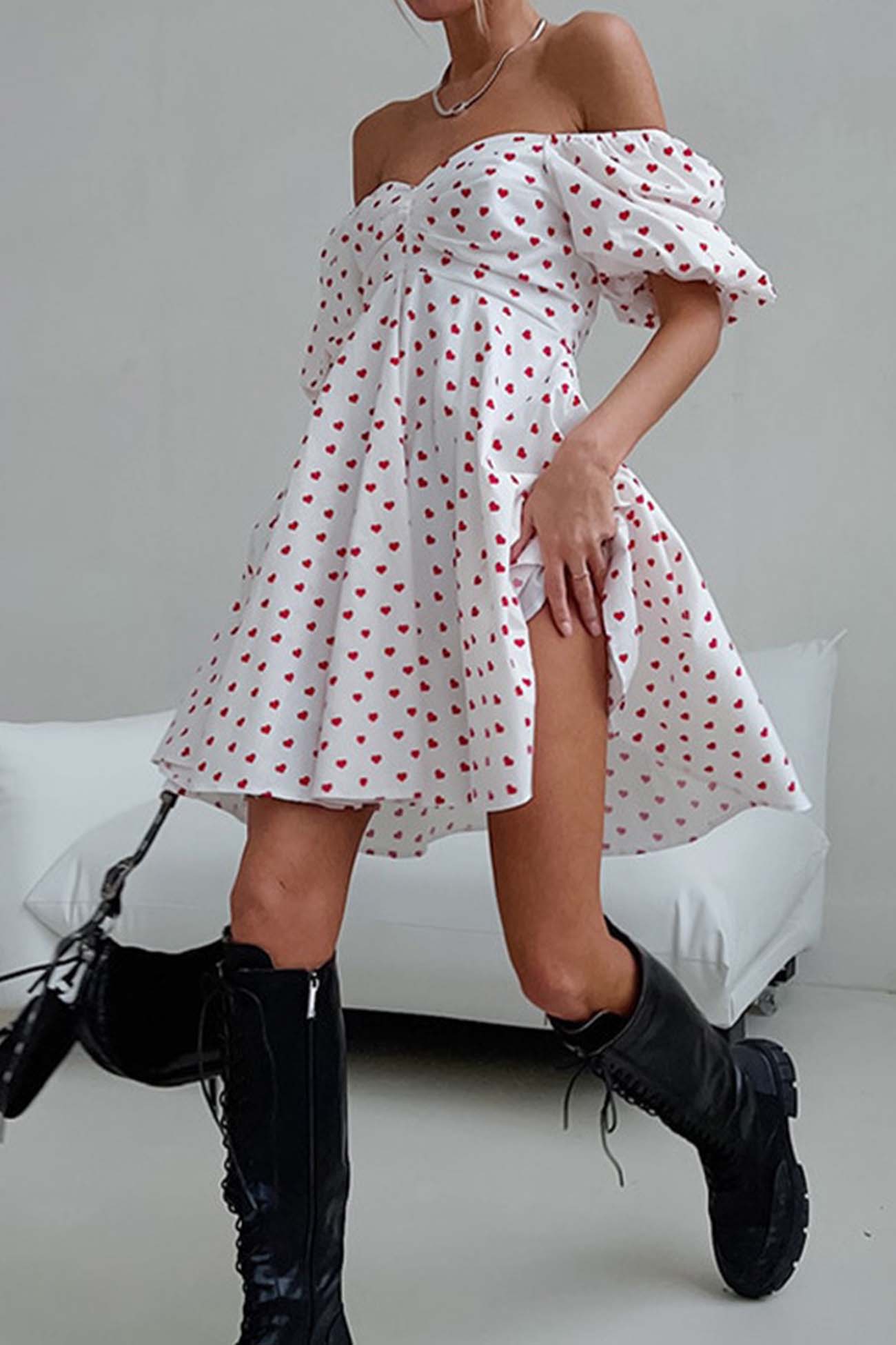 Heart Printed Off-Shoulder Puff Sleeve Mini Dress