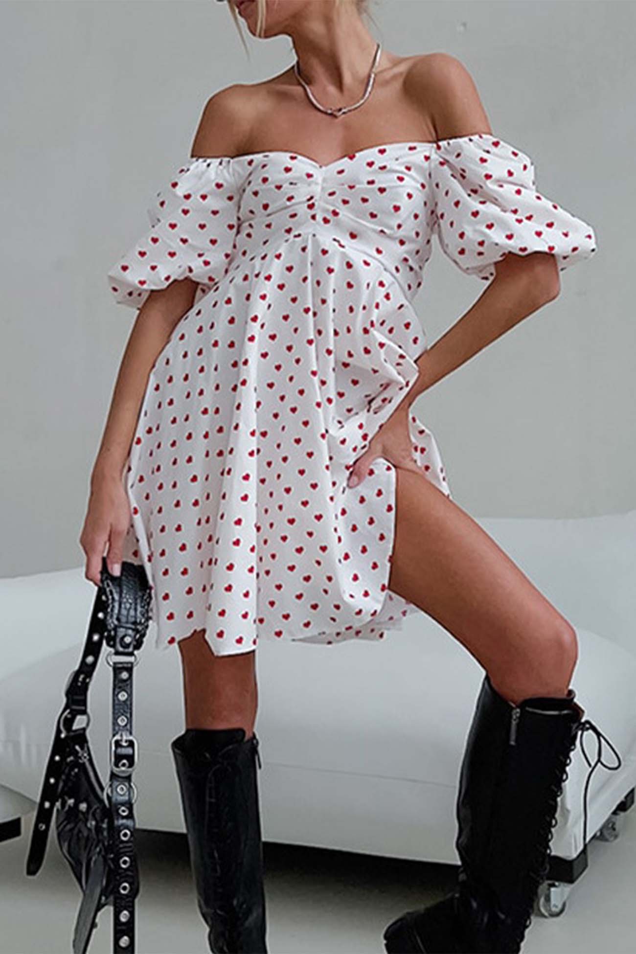 Heart Printed Off-Shoulder Puff Sleeve Mini Dress