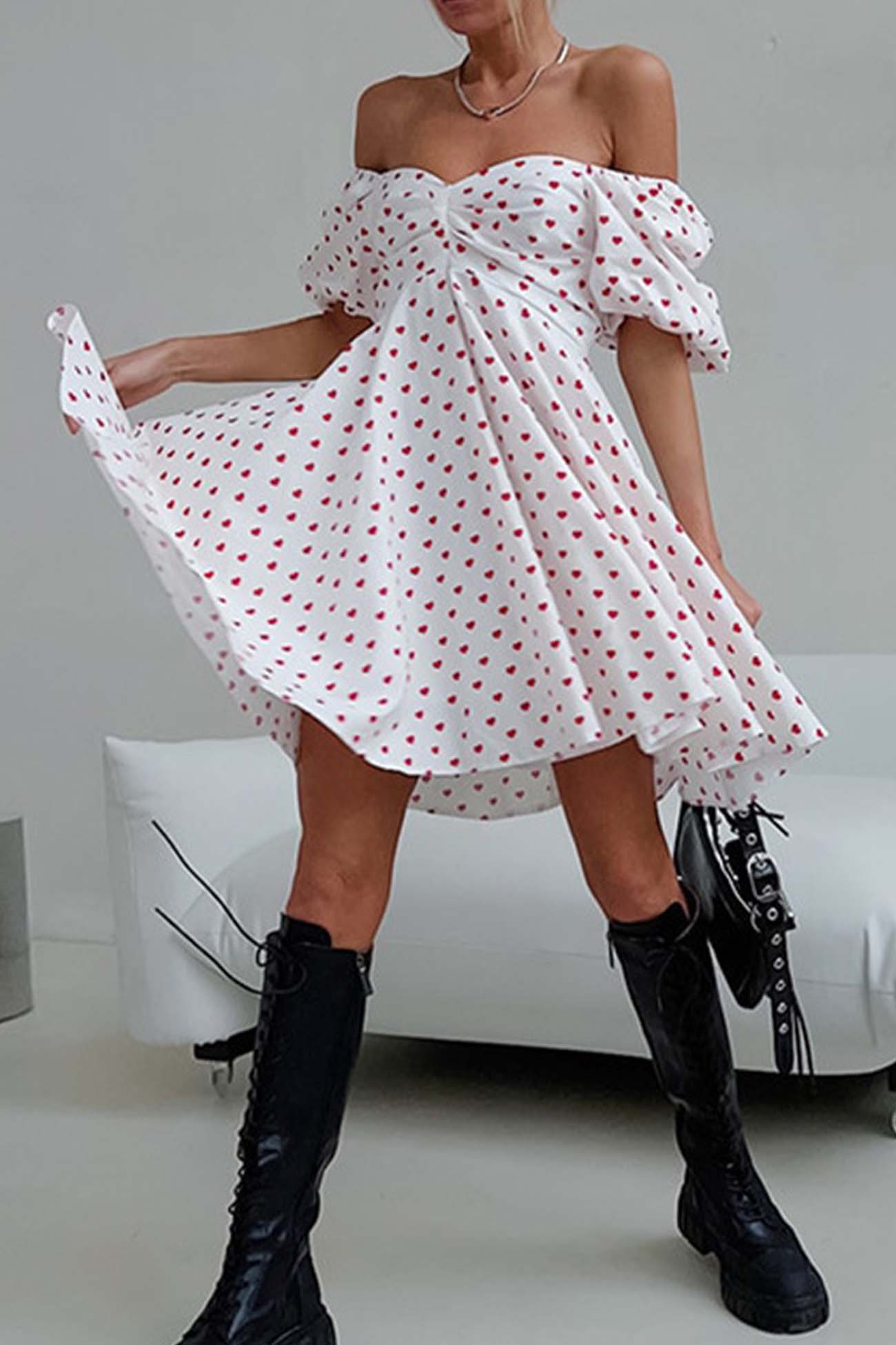 Heart Printed Off-Shoulder Puff Sleeve Mini Dress