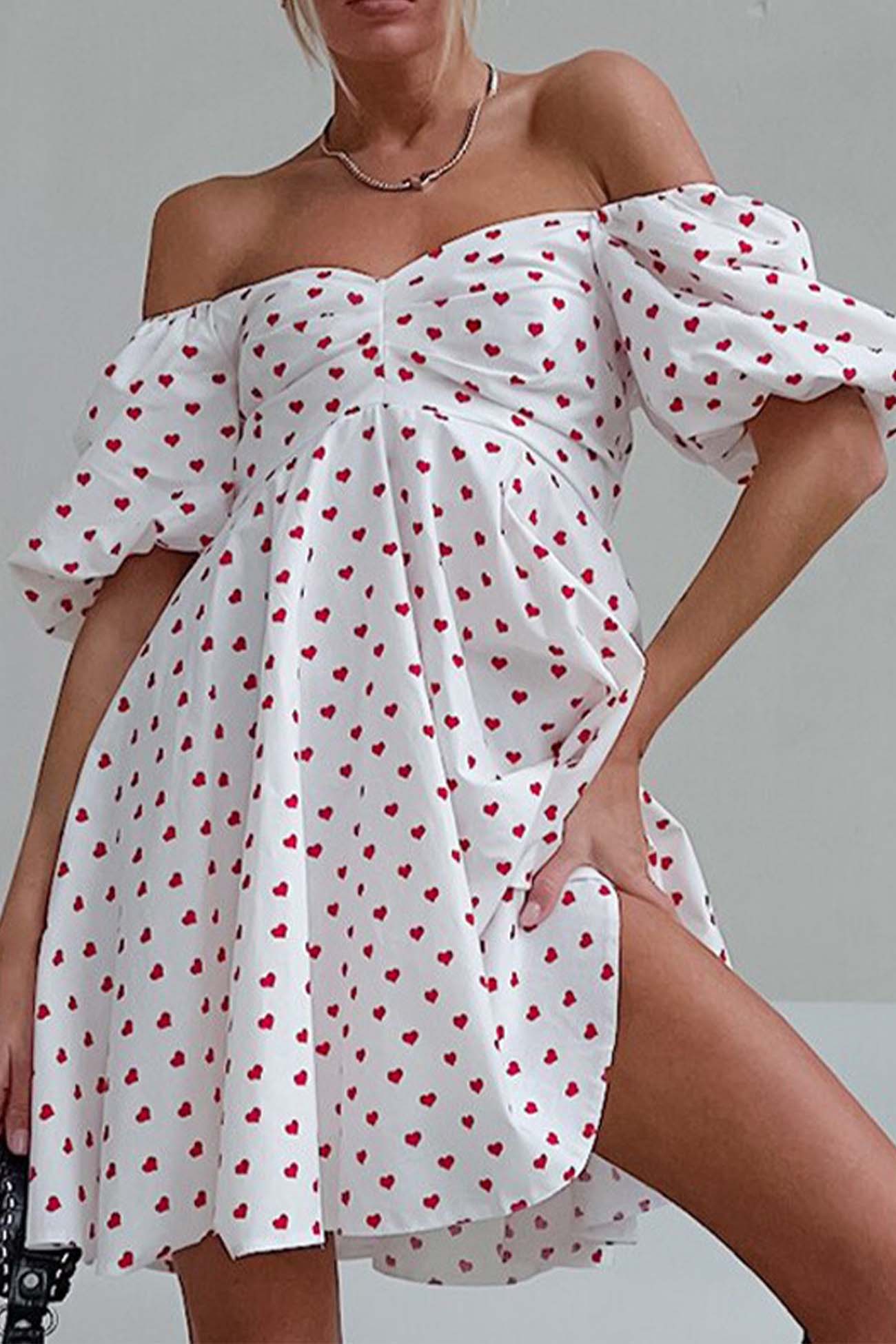 Heart Printed Off-Shoulder Puff Sleeve Mini Dress