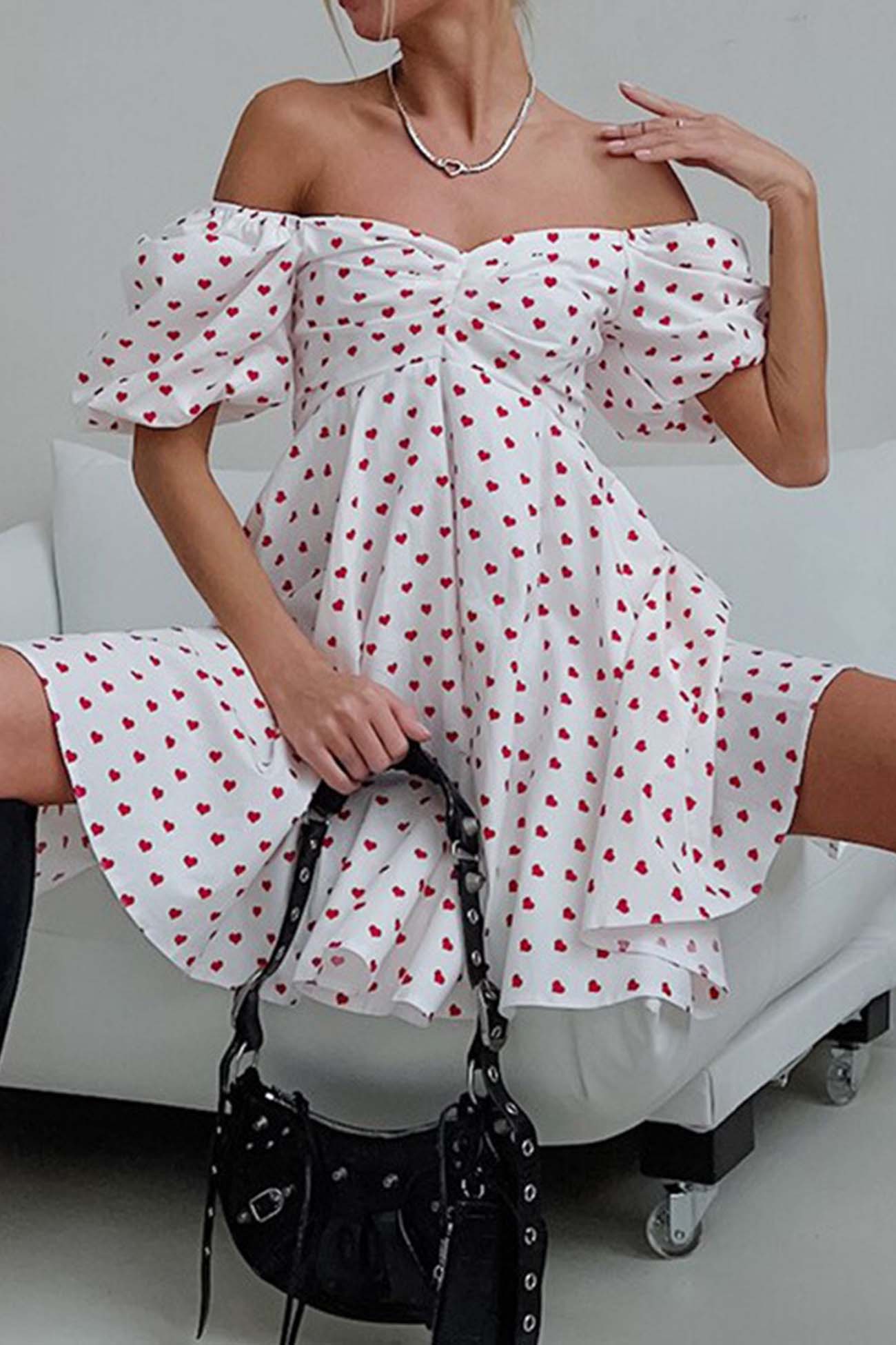 Heart Printed Off-Shoulder Puff Sleeve Mini Dress