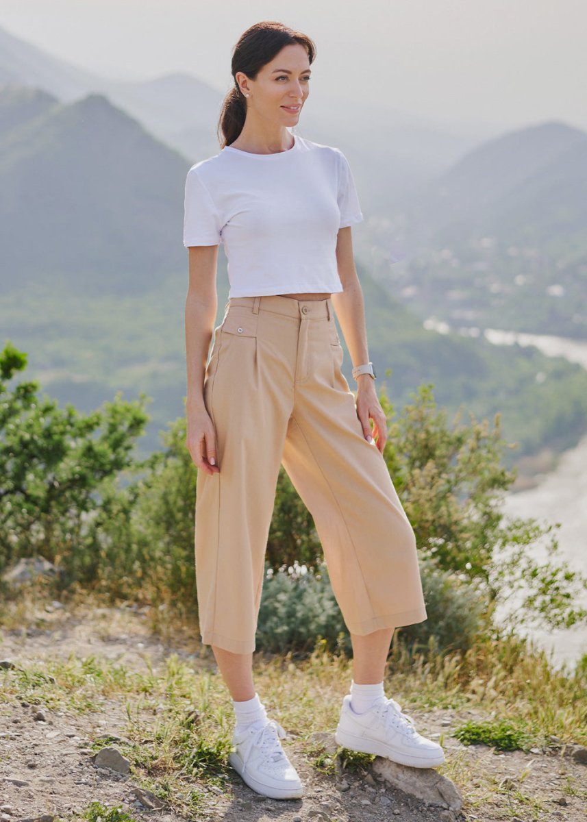 Women High Waisted Wide Leg Linen Palazzo Capri Pants