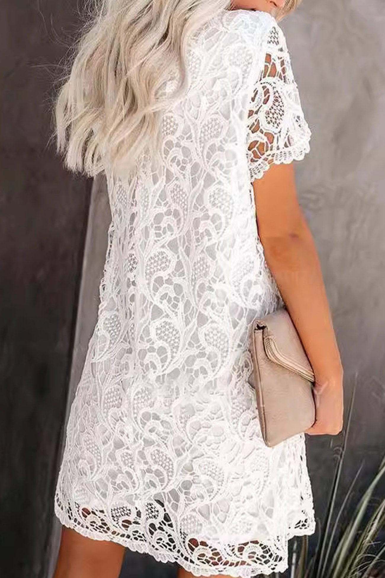 Lace Crew Neck Short Sleeve Mini Dress