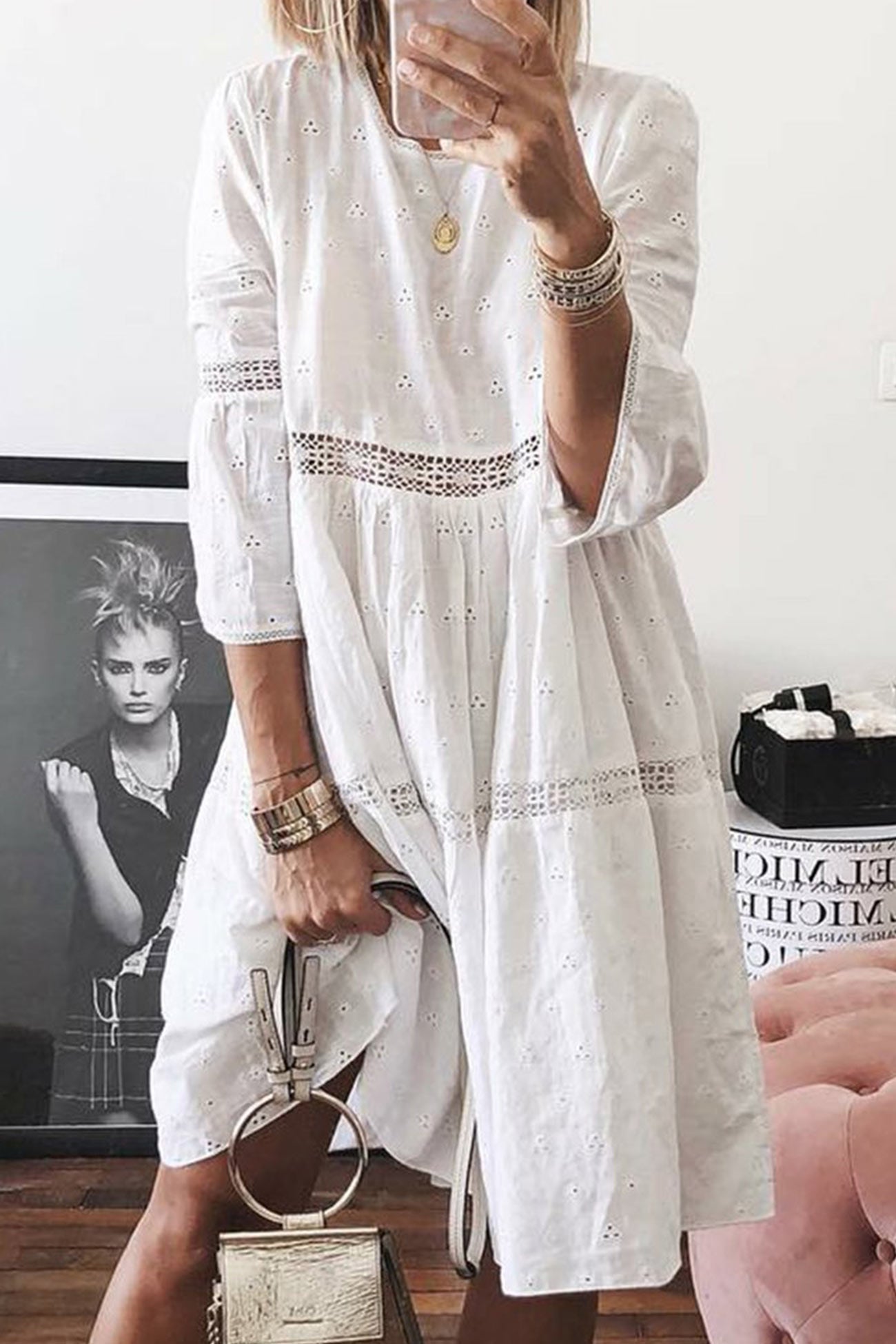 Lace Crochet Embroidery Cotton Linen Dress