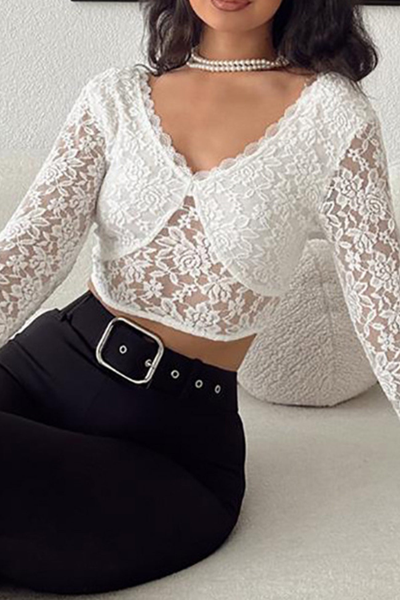 Lace Long Sleeve Backless Crop Top