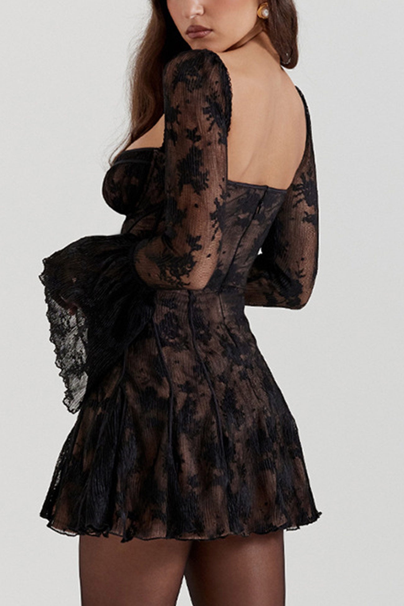 Lace Low Cut Flares Sleeve A-line Dress