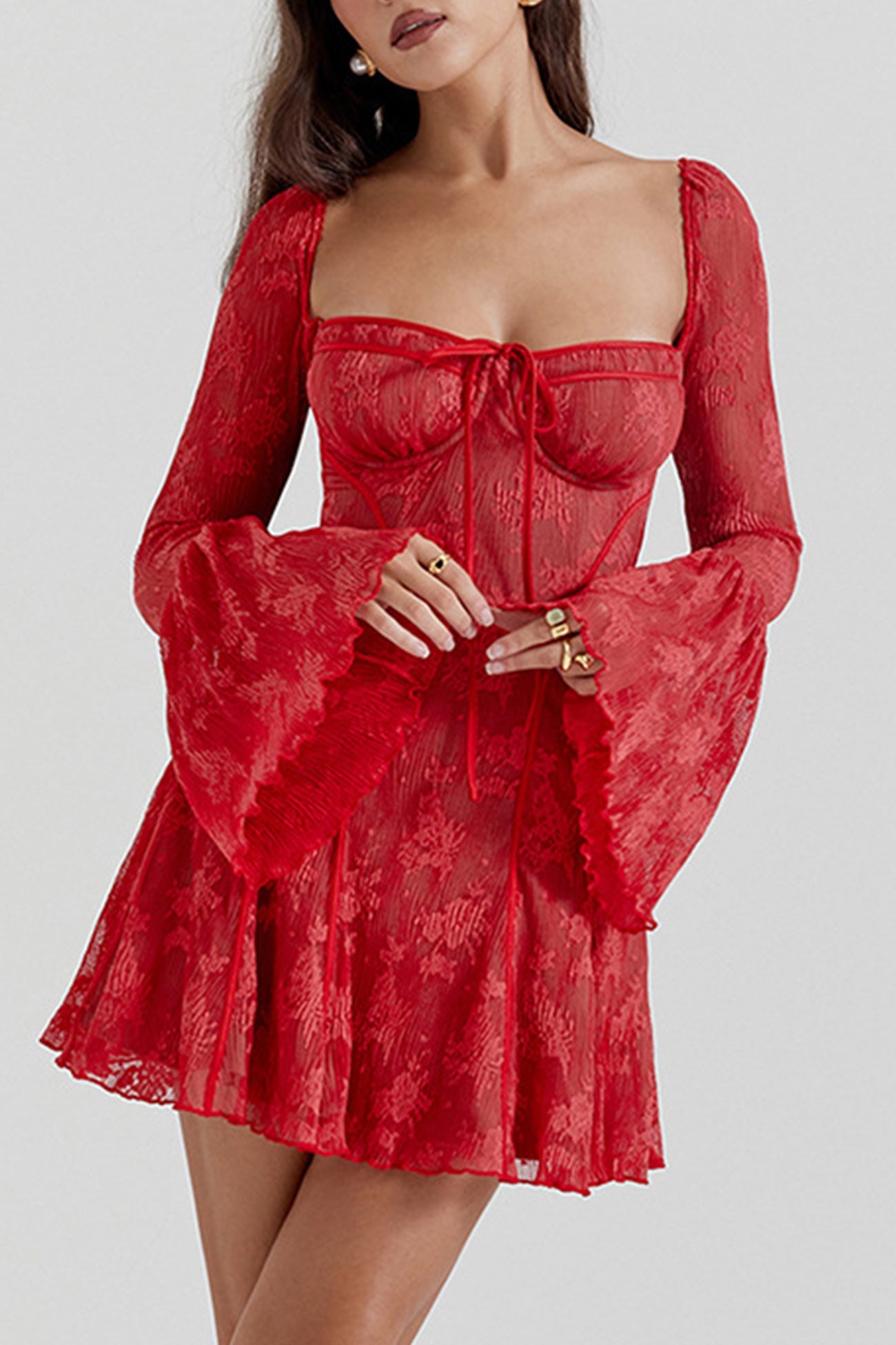 Lace Low Cut Flares Sleeve A-line Dress