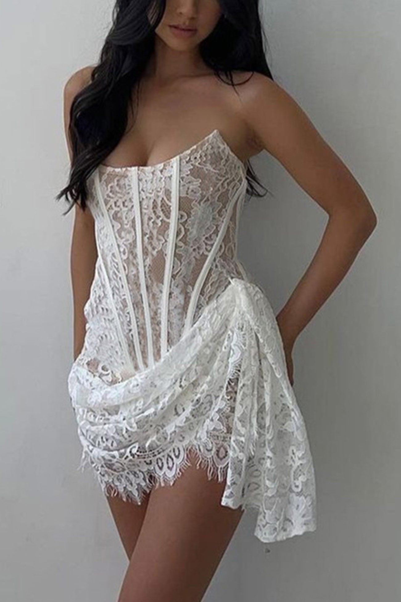 Lace Mesh Corset Strapless Dress